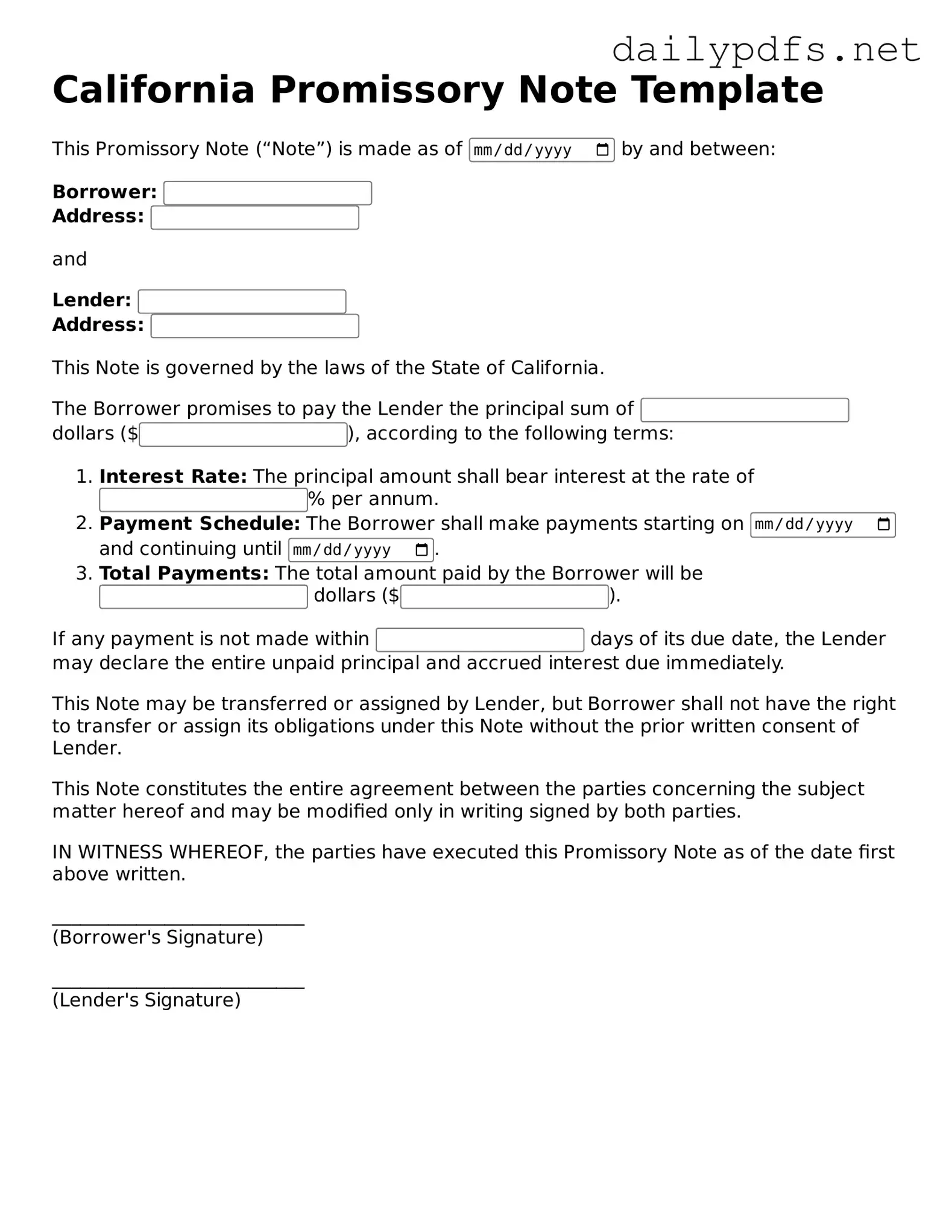 Free  Promissory Note Template for California