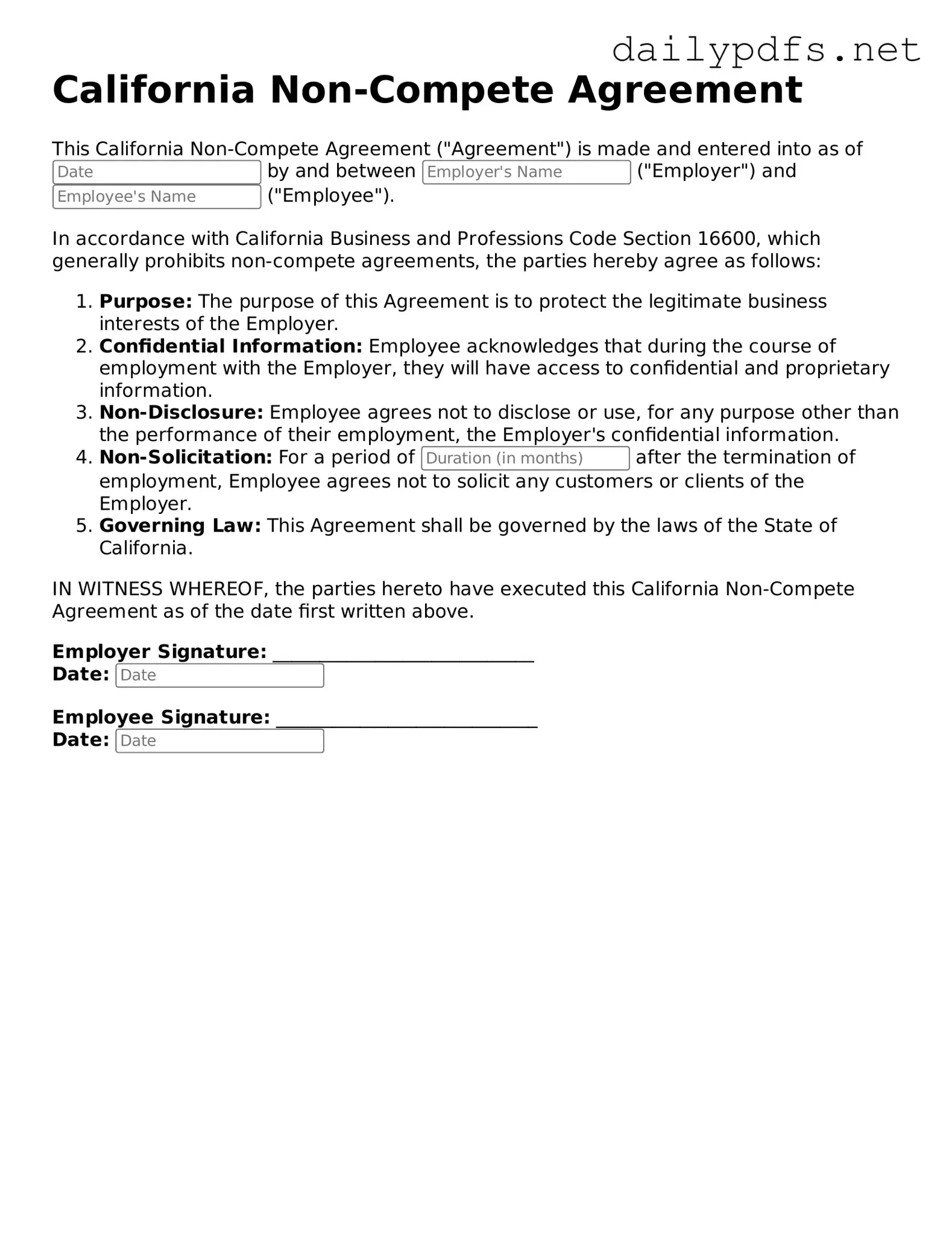 Free  Non-compete Agreement Template for California