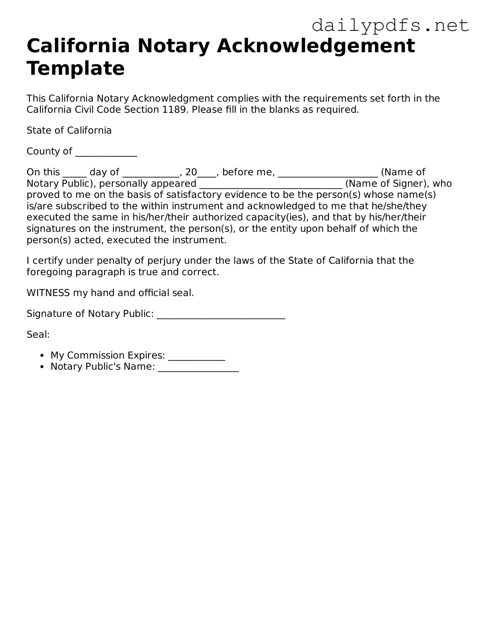 Free  Notary Acknowledgement Template for California