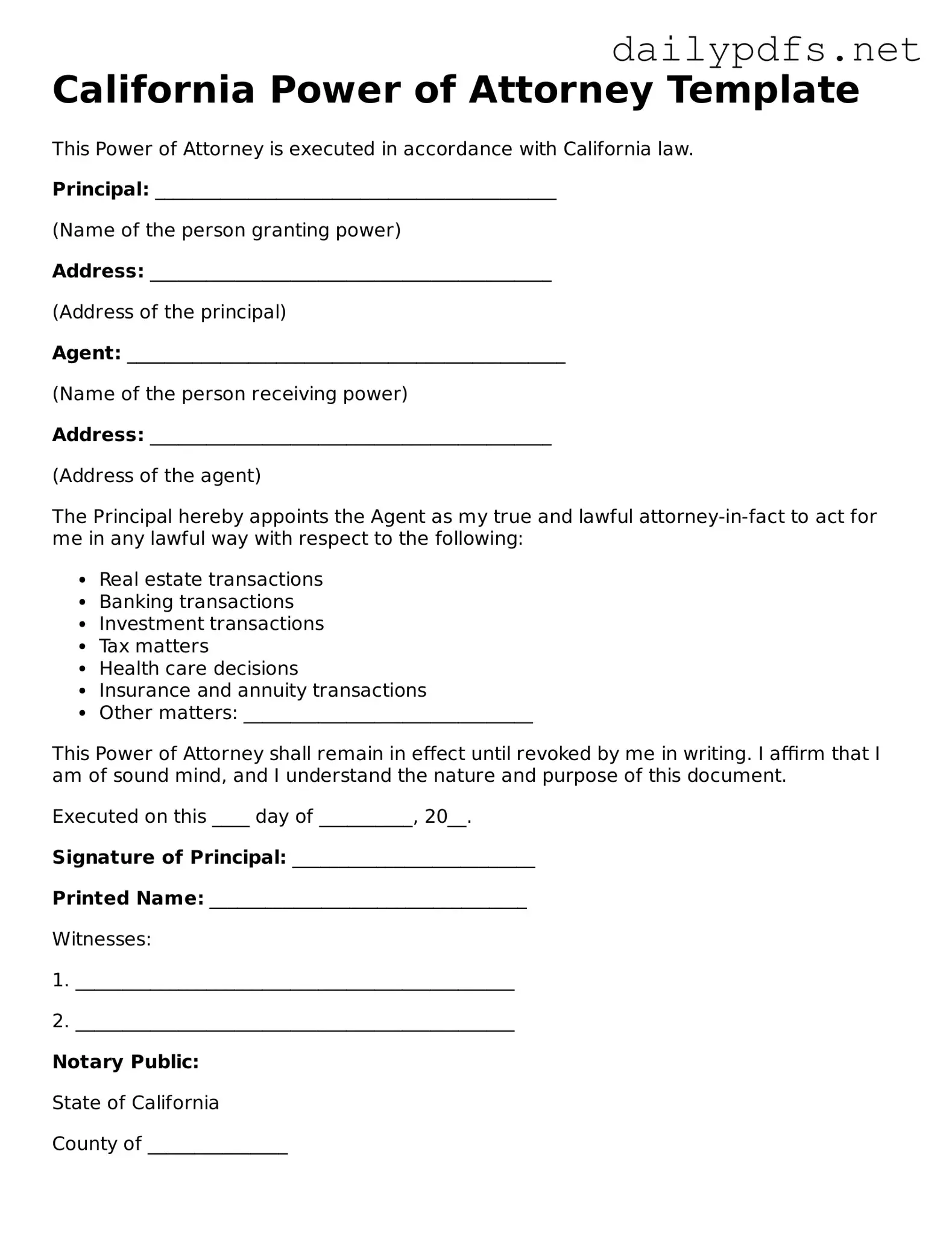 Free  Power of Attorney Template for California