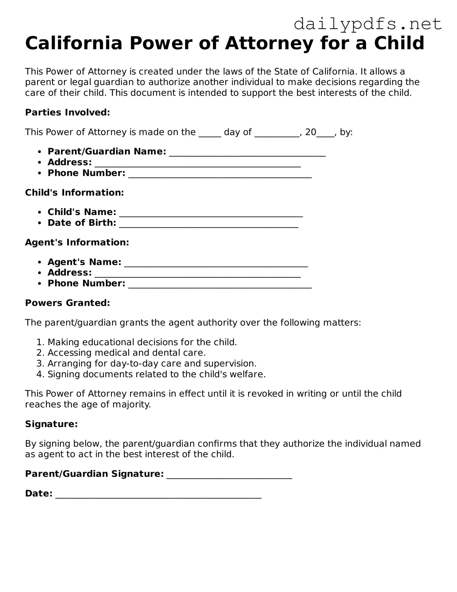 Free  Power of Attorney for a Child Template for California