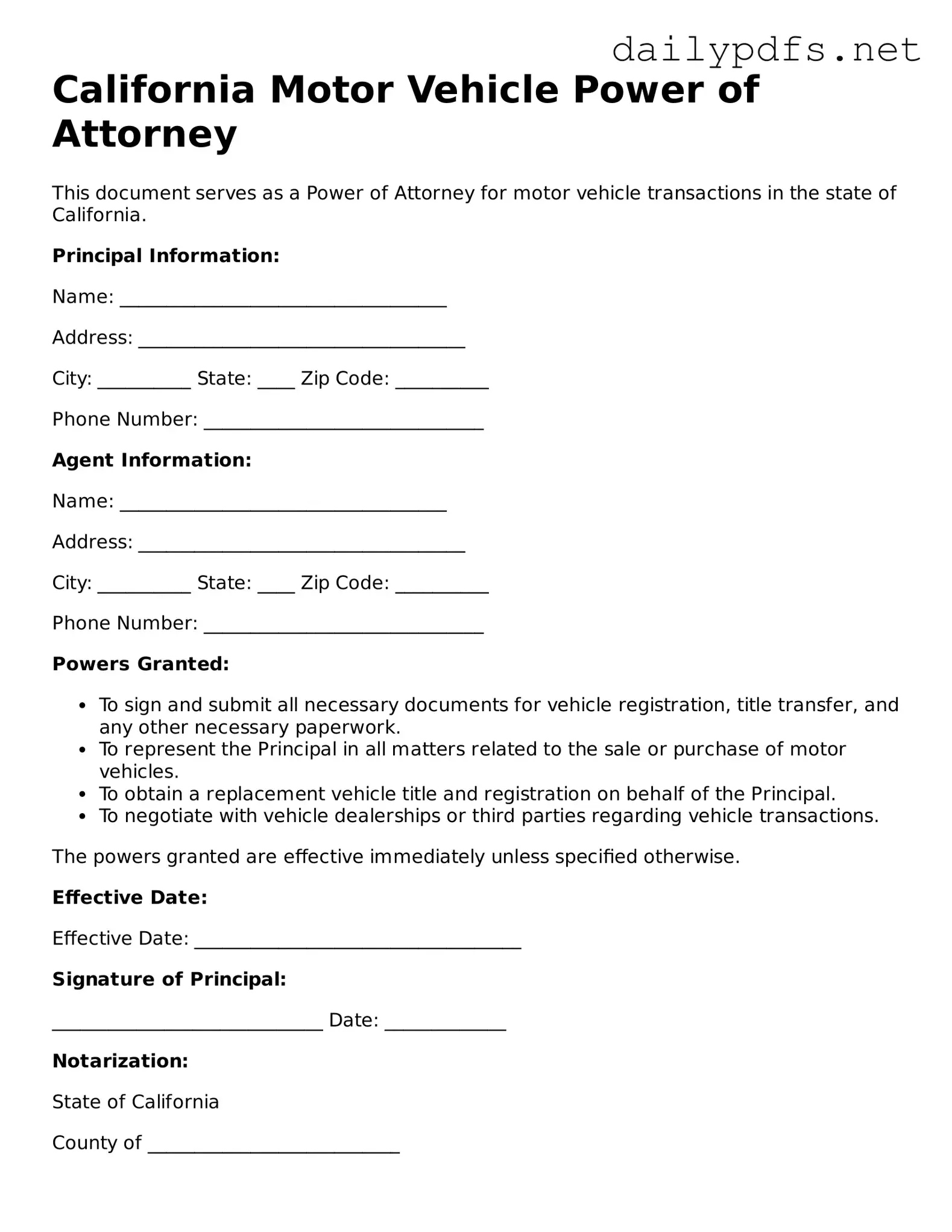 Free  Motor Vehicle Power of Attorney Template for California