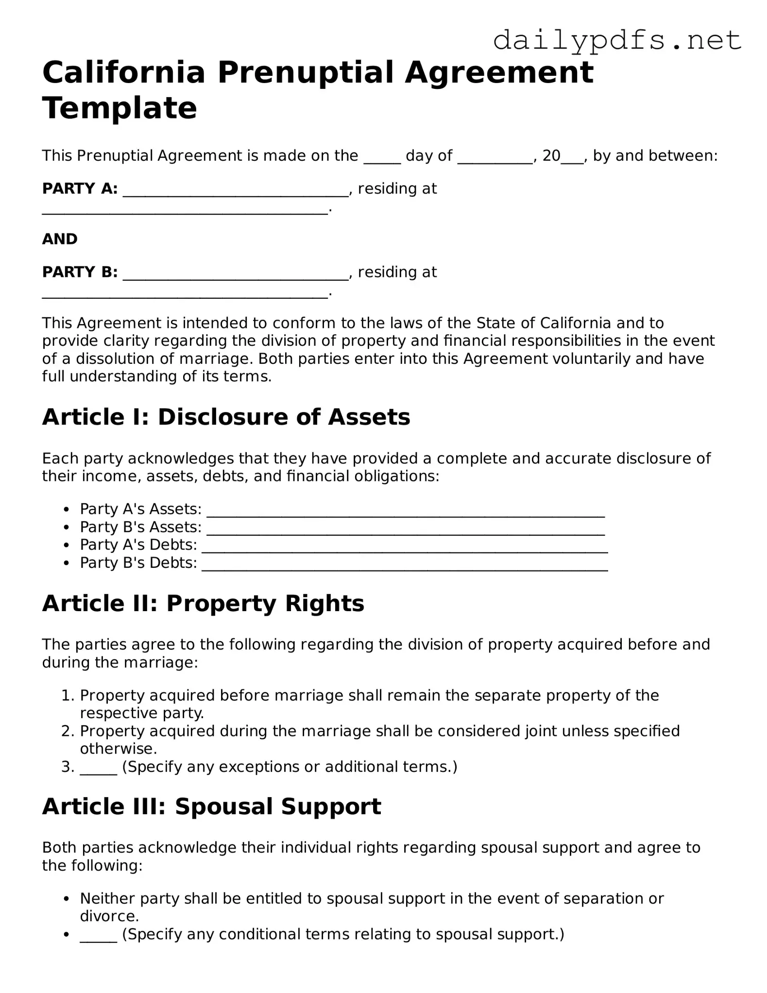Free  Prenuptial Agreement Template for California
