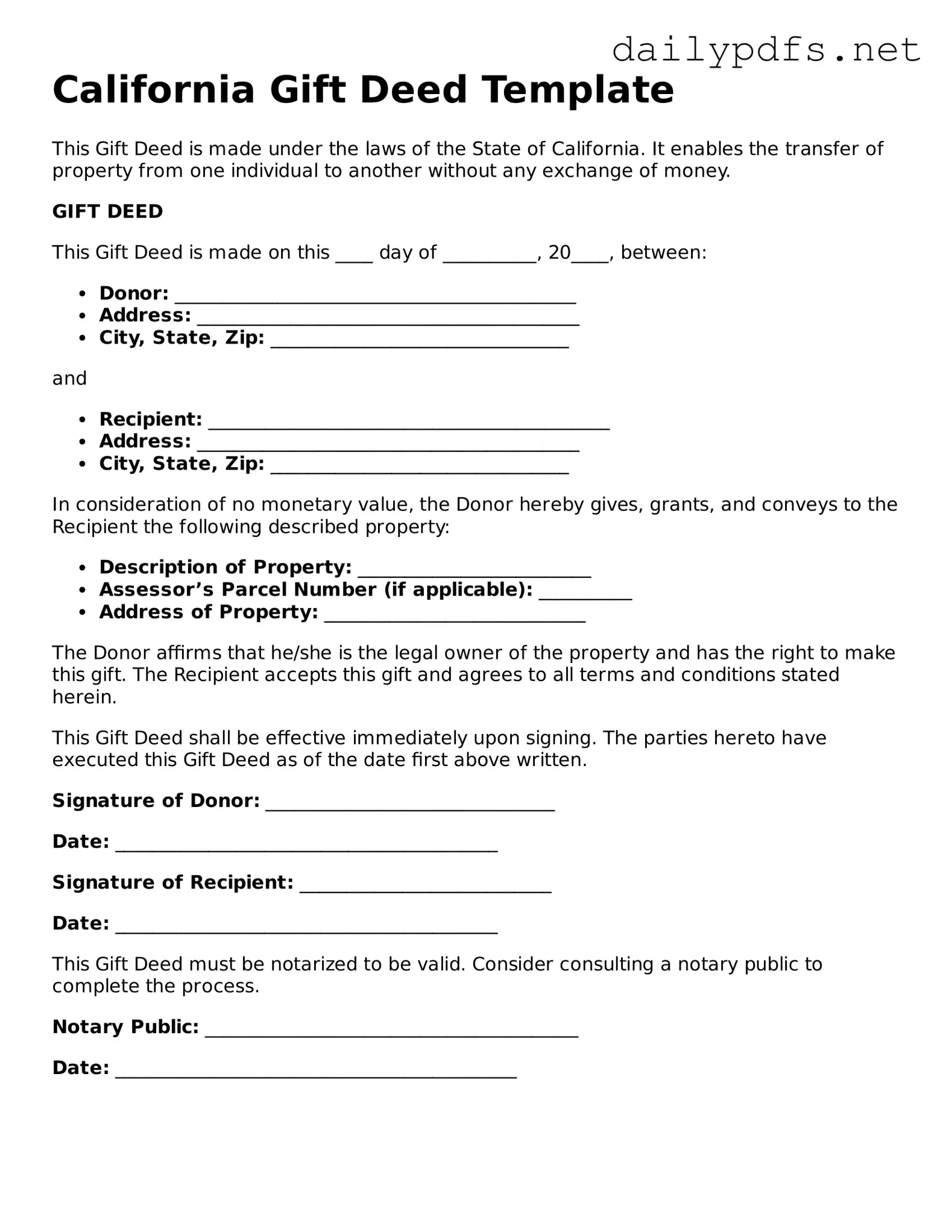 Free  Gift Deed Template for California