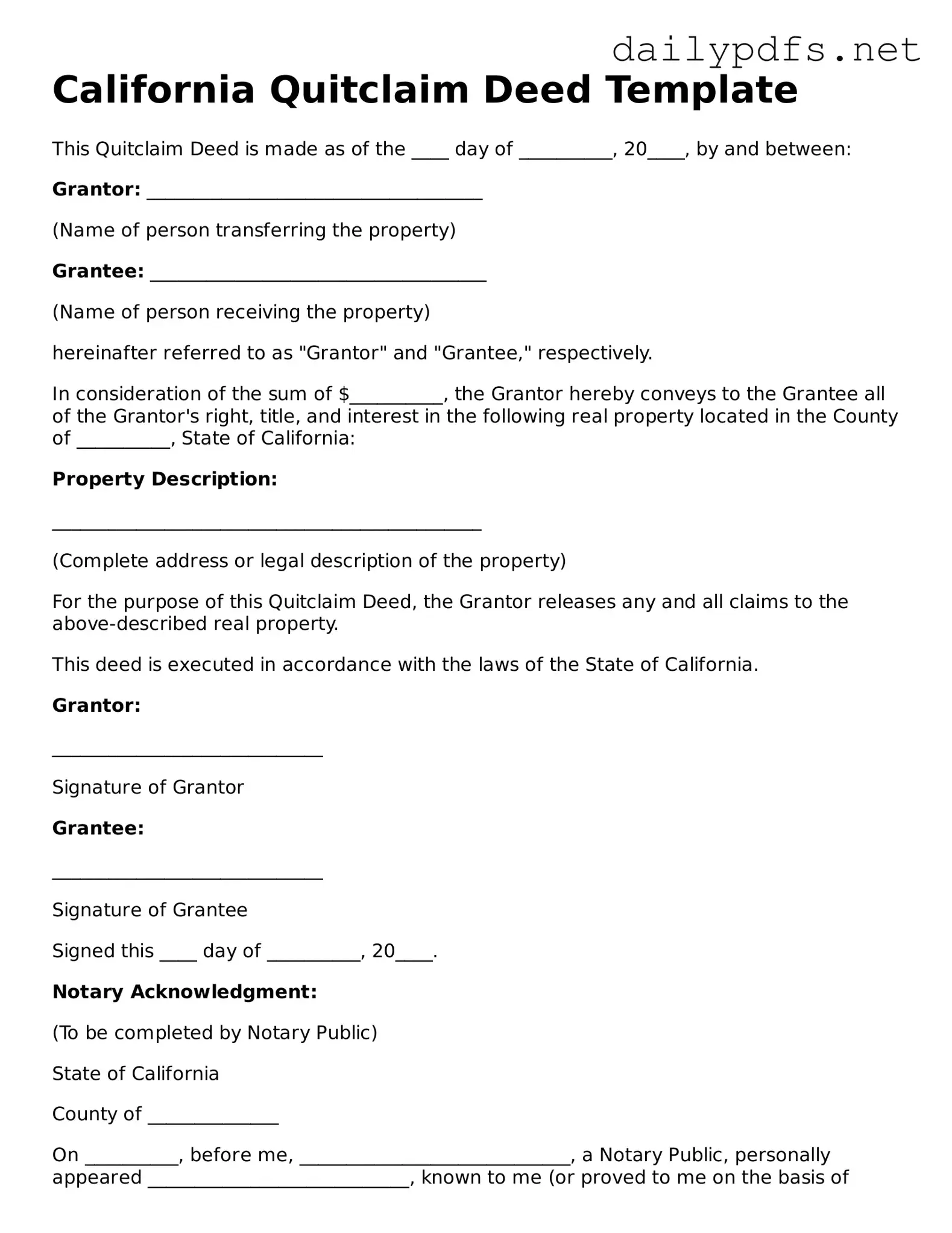 Free  Quitclaim Deed Template for California