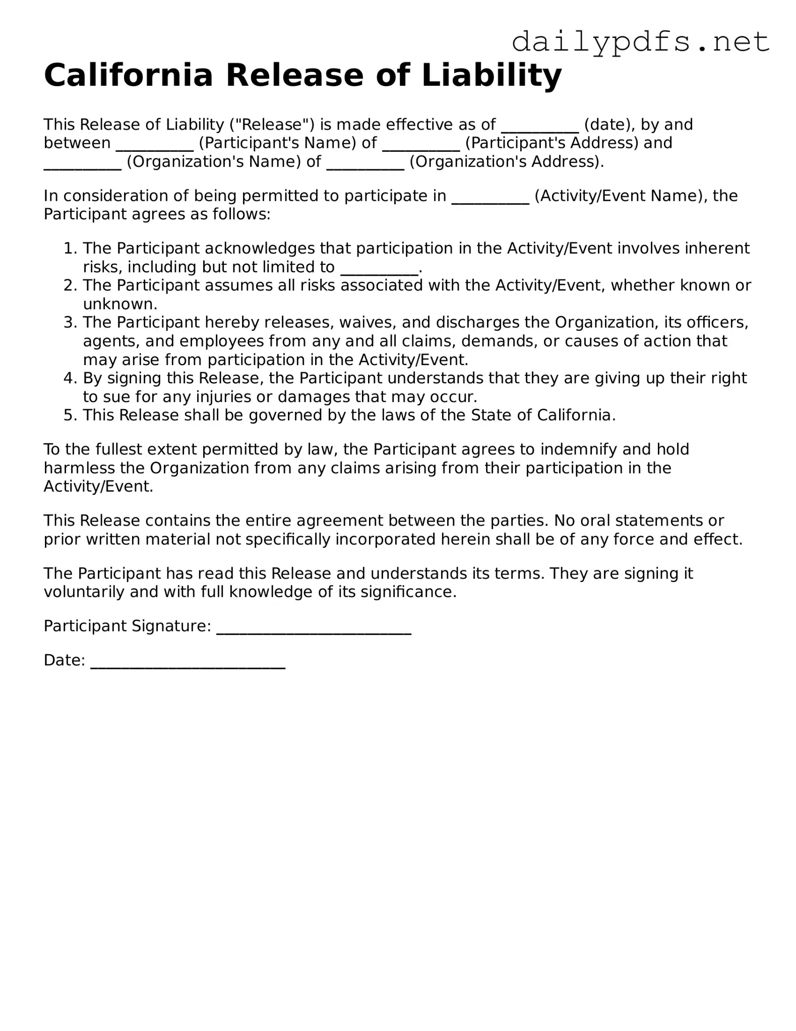 Free  Release of Liability Template for California