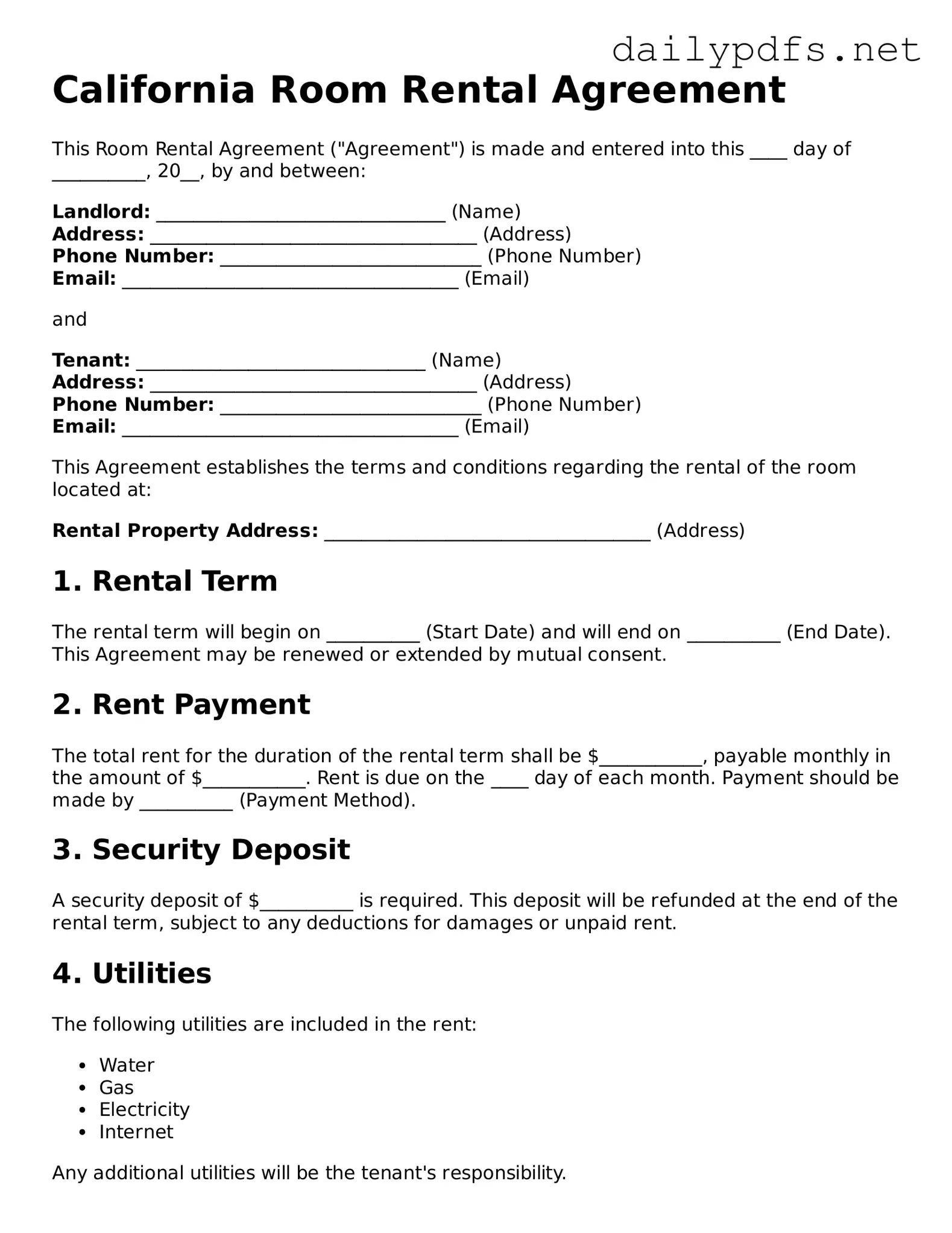 Free  Room Rental Agreement Template for California