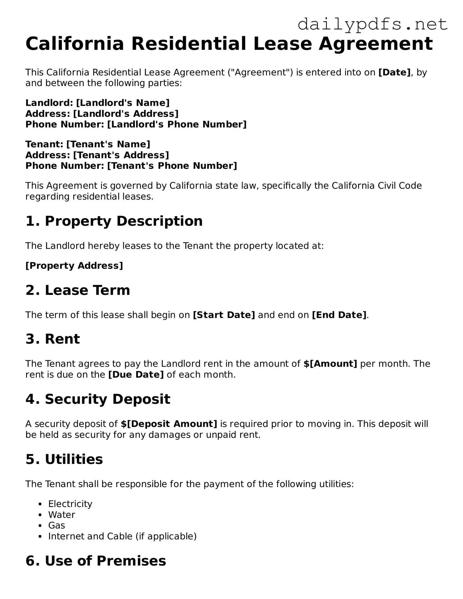 Free  Lease Agreement Template for California