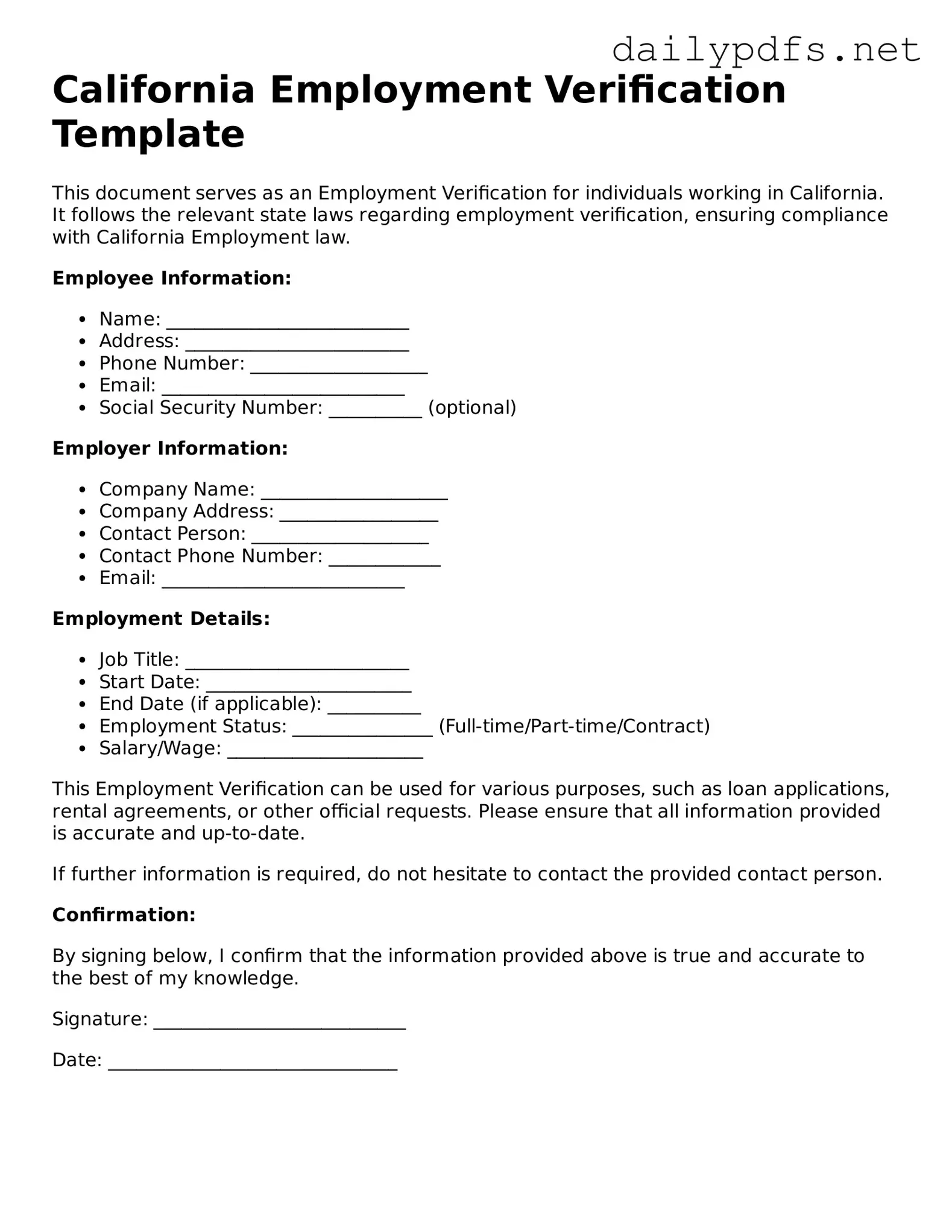 Free  Employment Verification Template for California