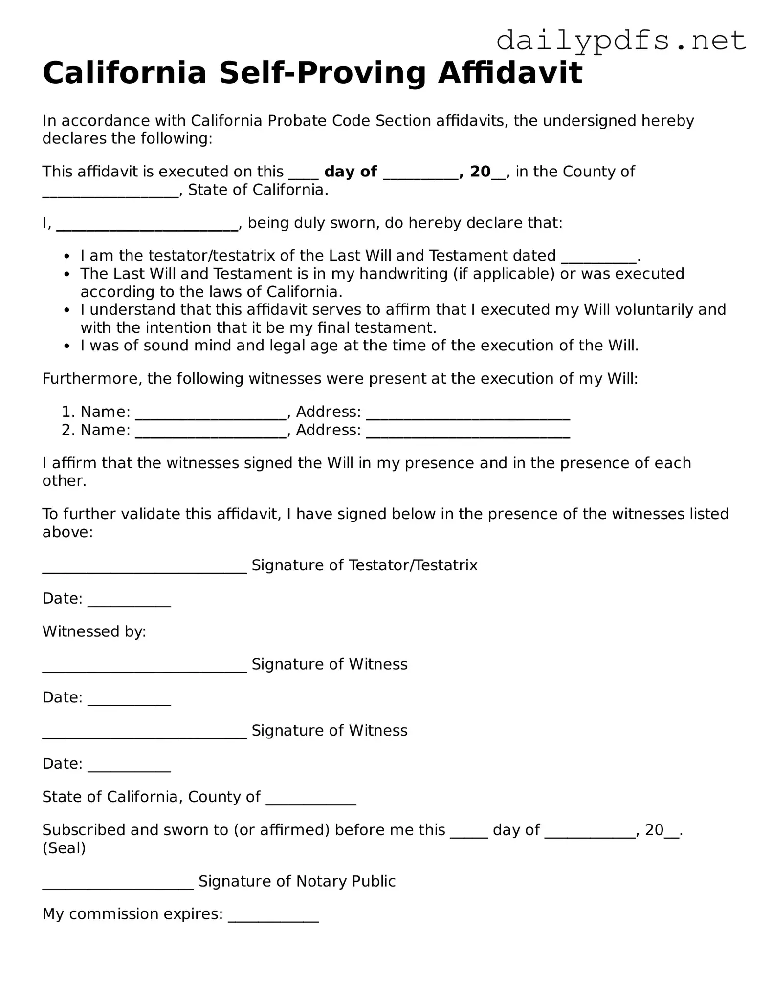 Free  Self-Proving Affidavit Template for California