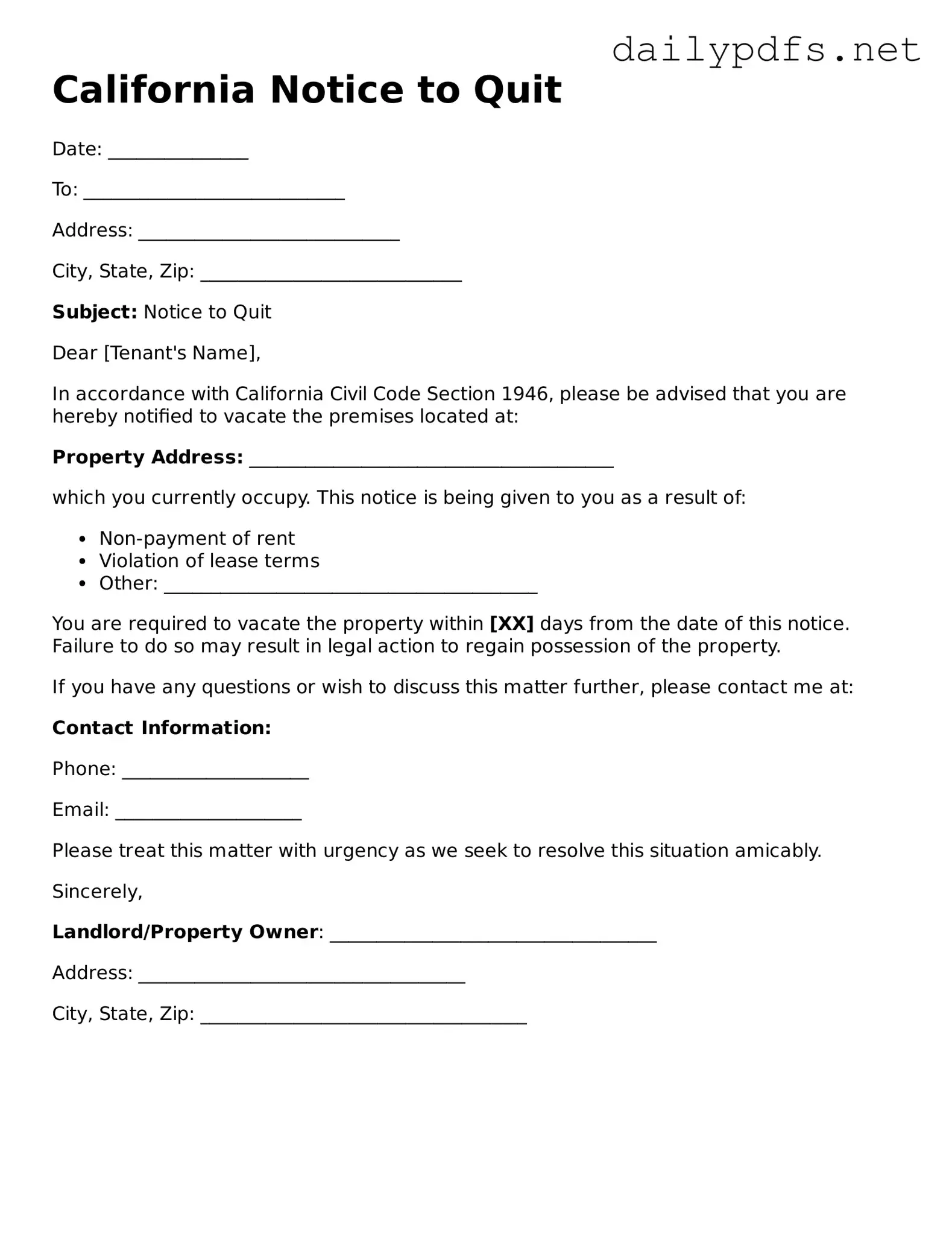 Free  Notice to Quit Template for California