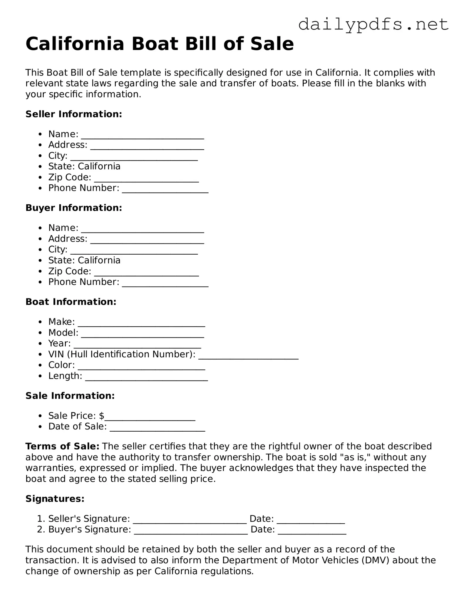 Free  Boat Bill of Sale Template for California