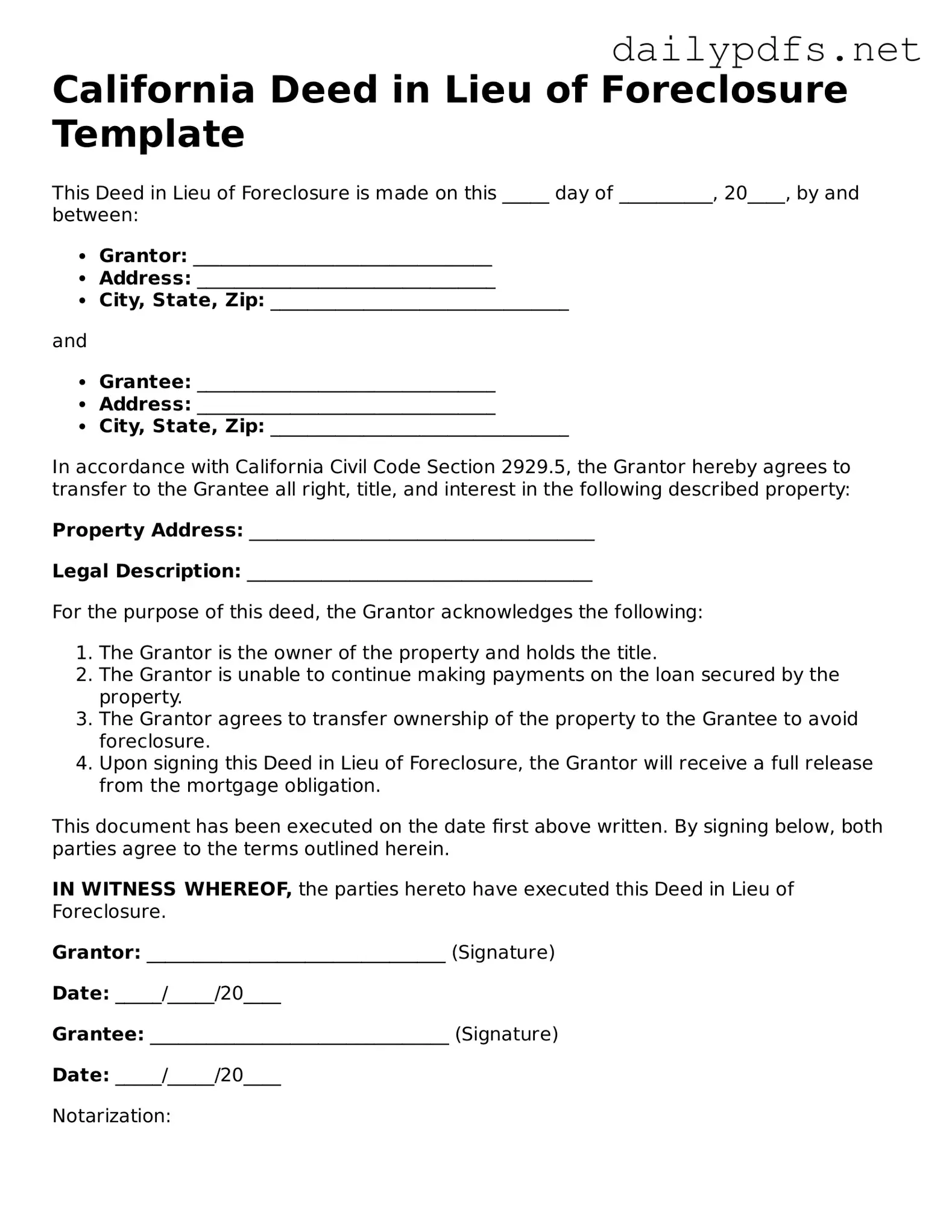 Free  Deed in Lieu of Foreclosure Template for California