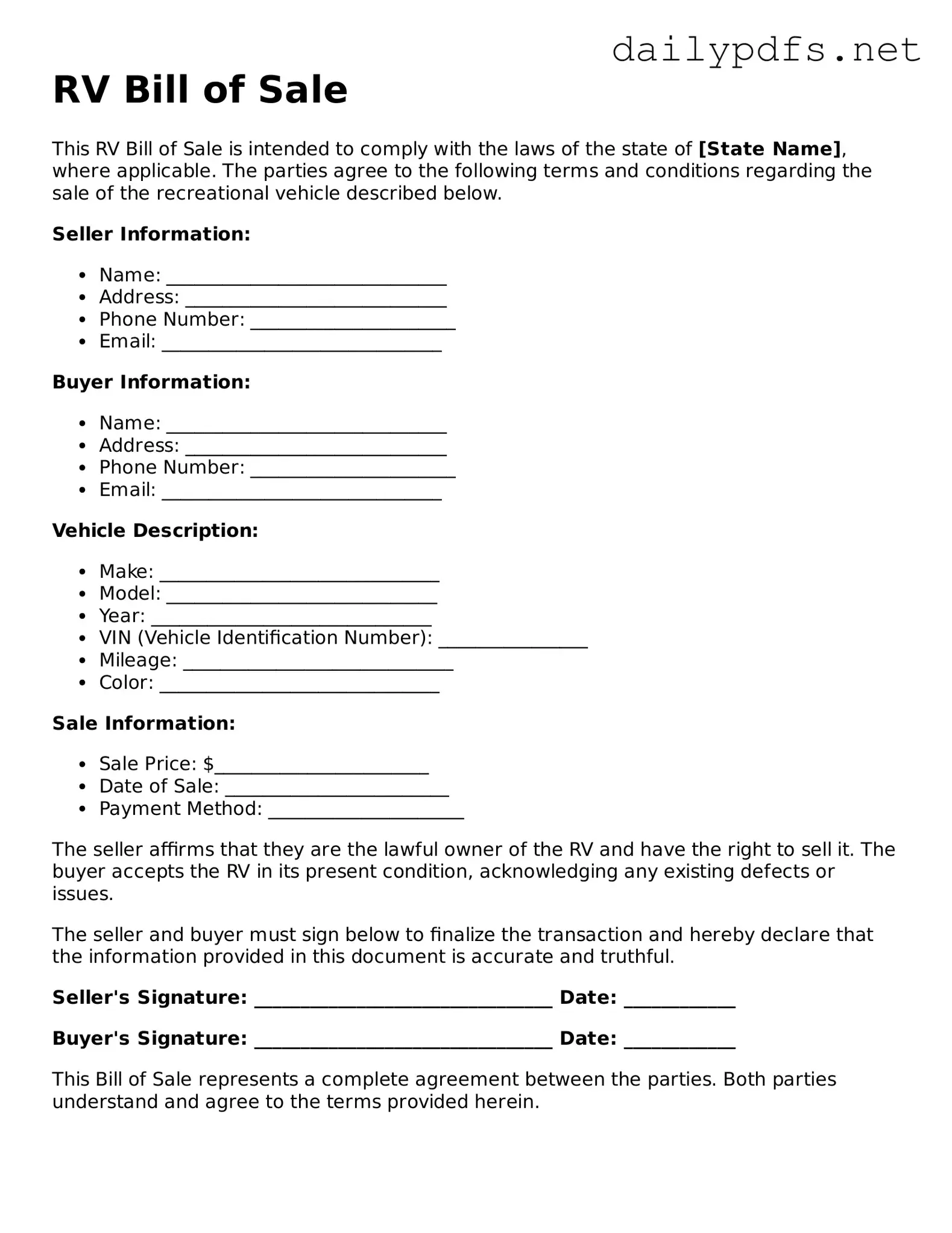 Printable RV Bill of Sale Document