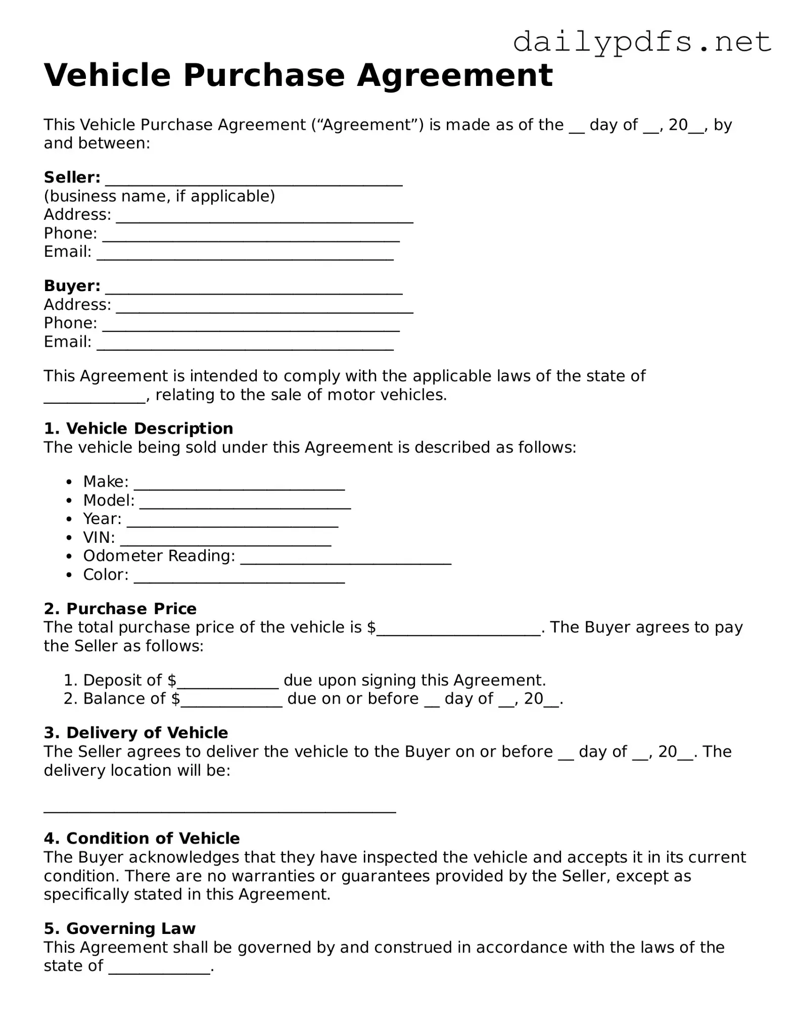 Printable Vehicle Purchase Agreement Document