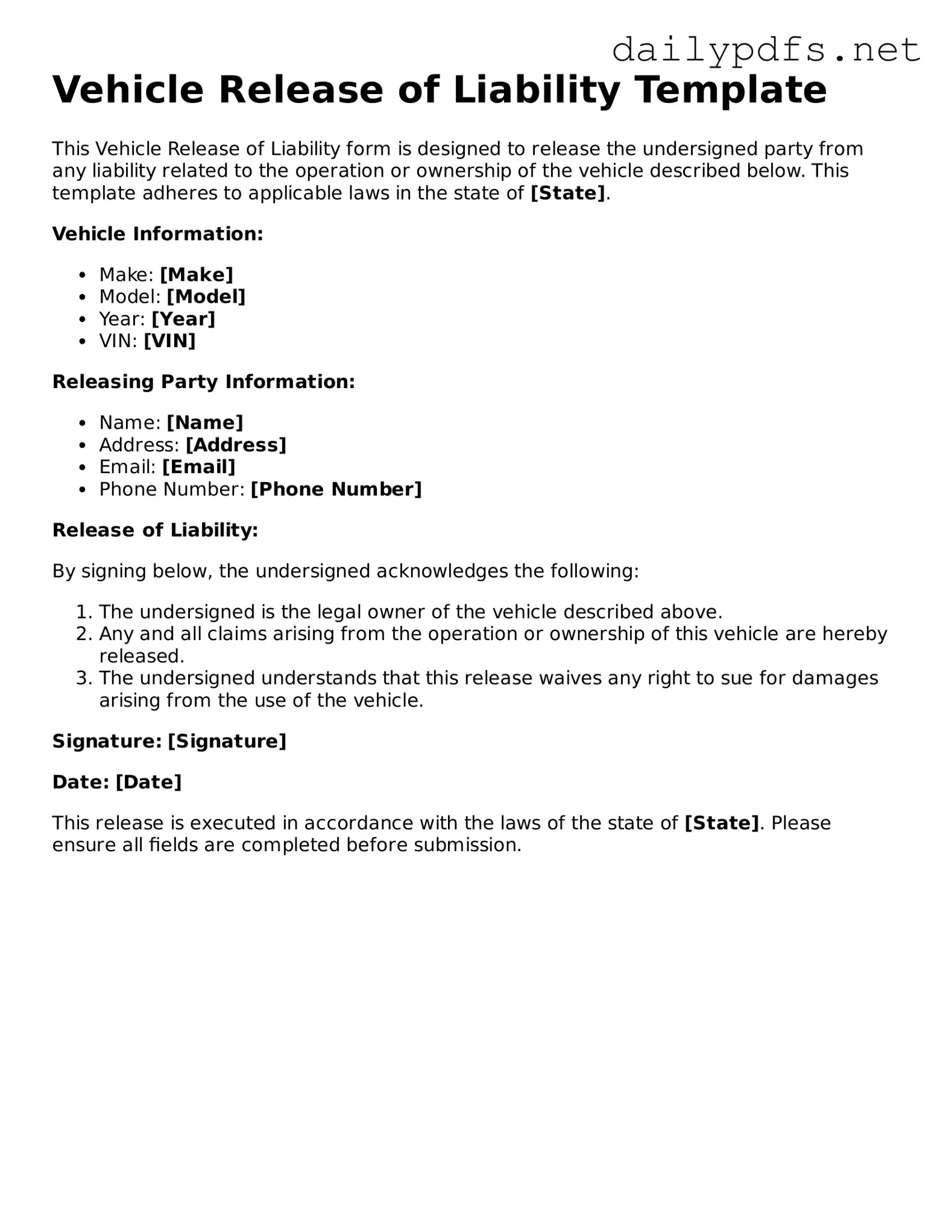 Printable Vehicle Release of Liability Document