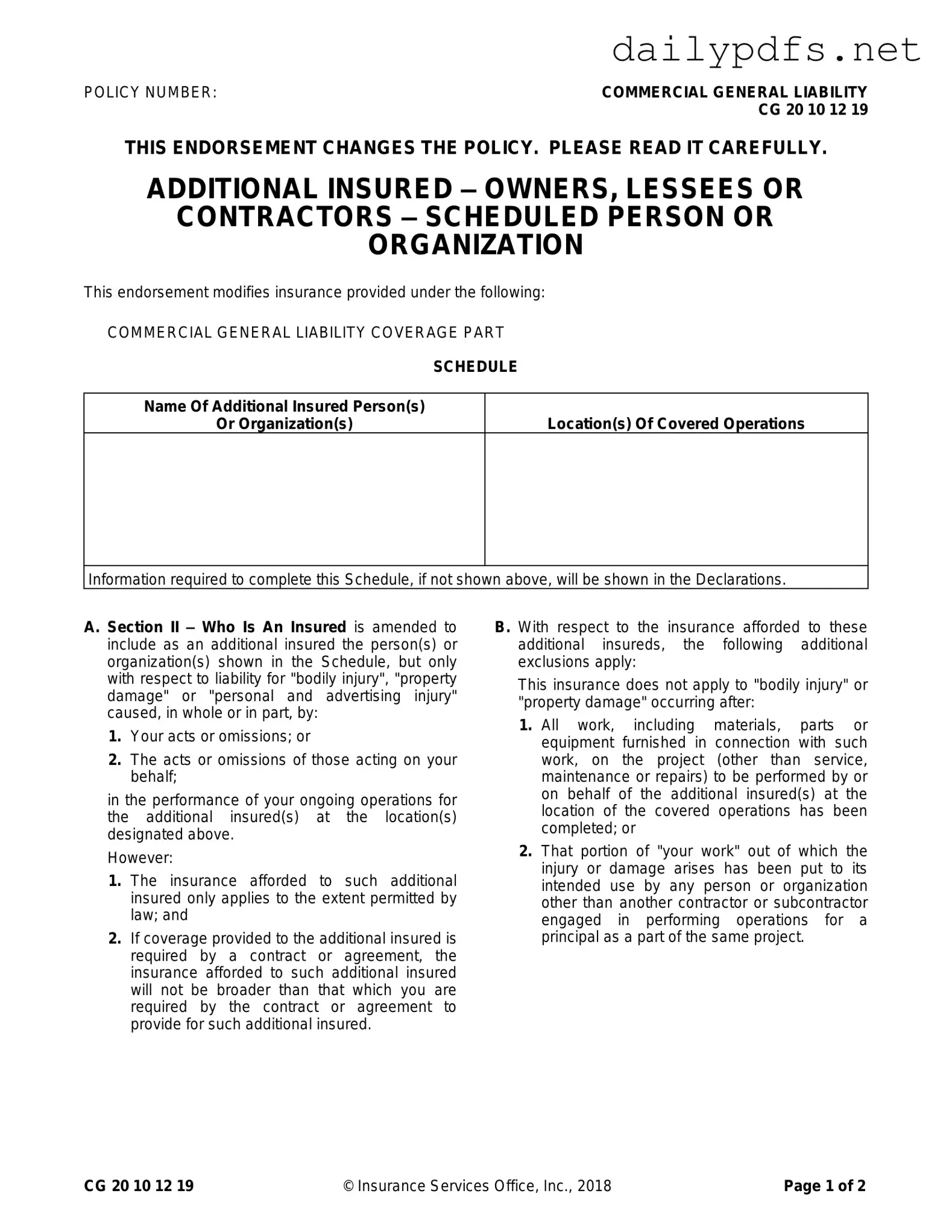 Fill Out Your Cg 20 10 07 04 Liability Endorsement Form