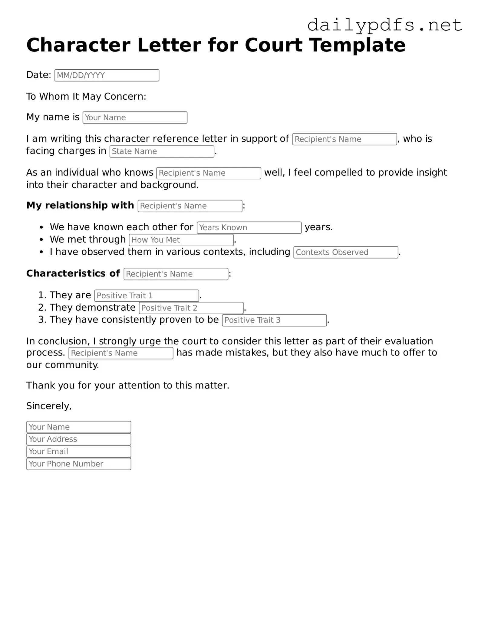 Printable Character Letter for Court Document
