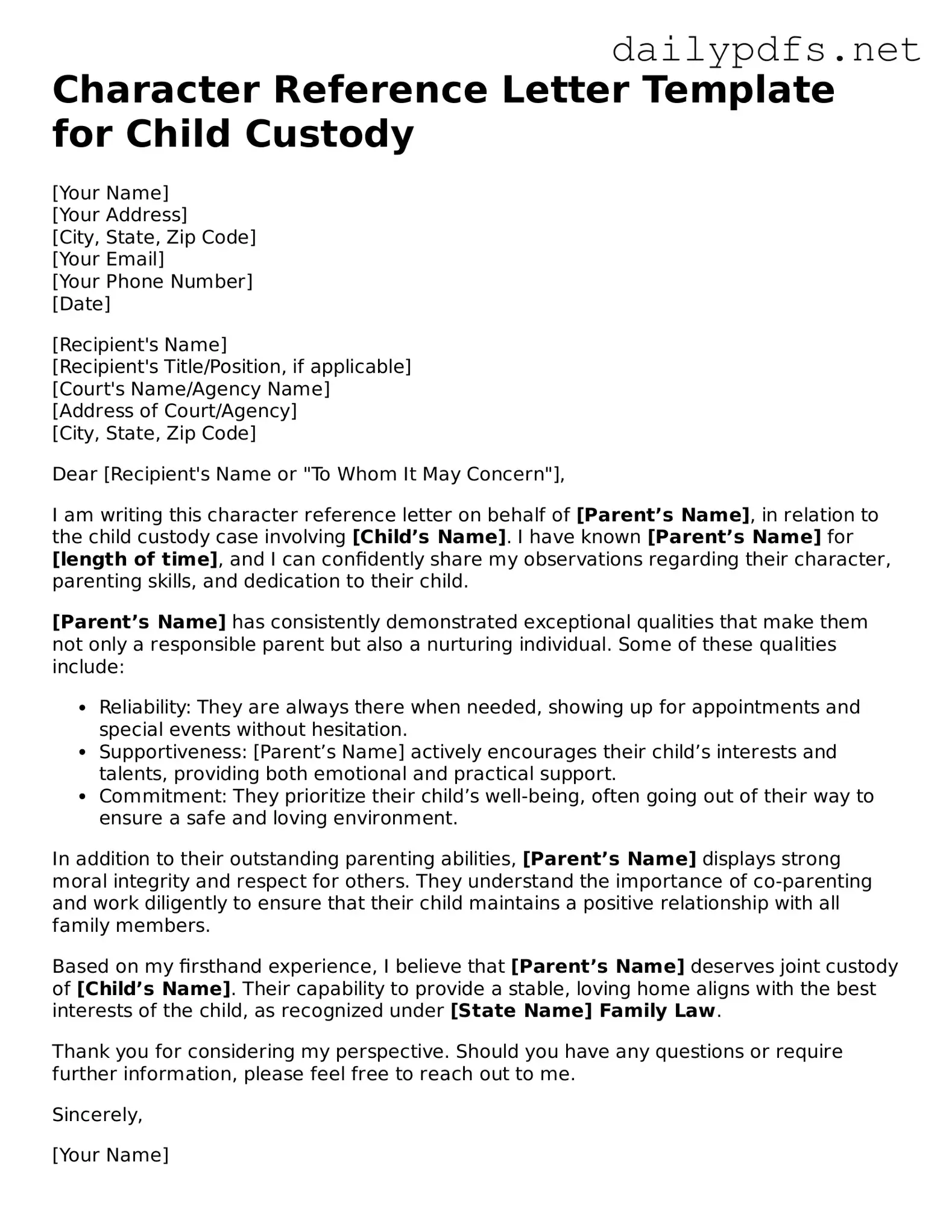 Printable Character Reference Letter for Child Custody Document
