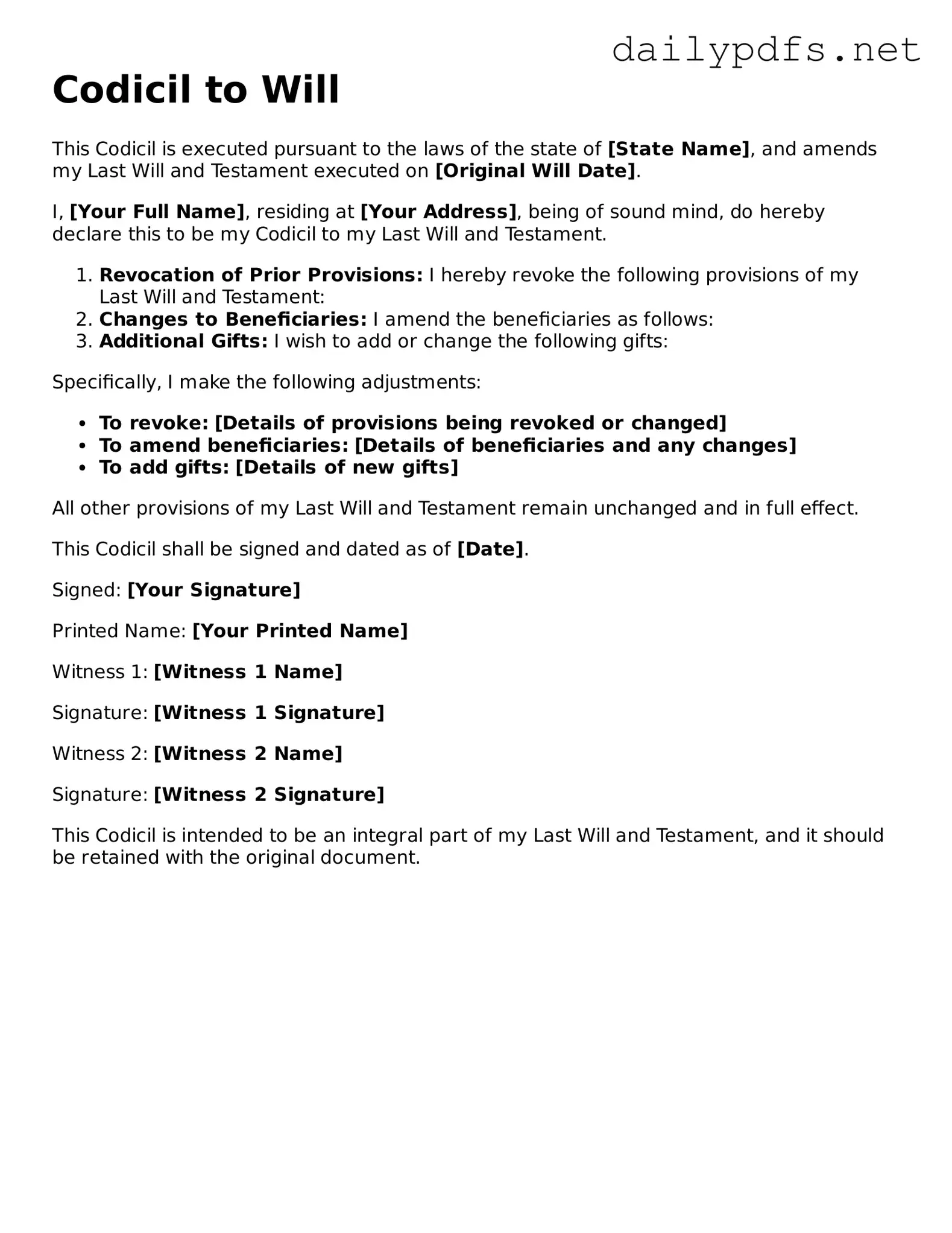 Printable Codicil to Will Document