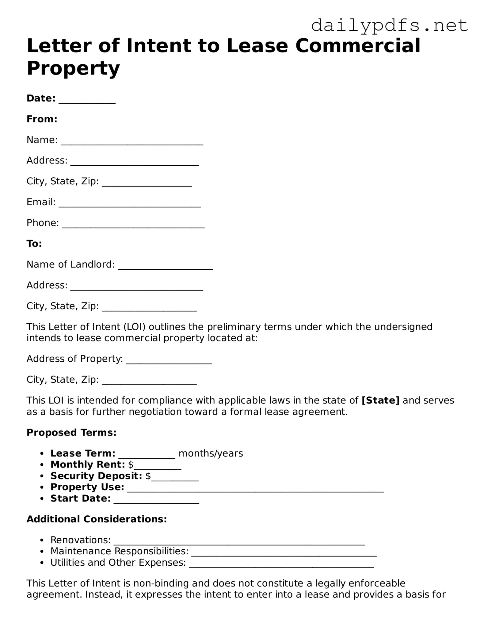 Printable Letter of Intent to Lease Commercial Property Document