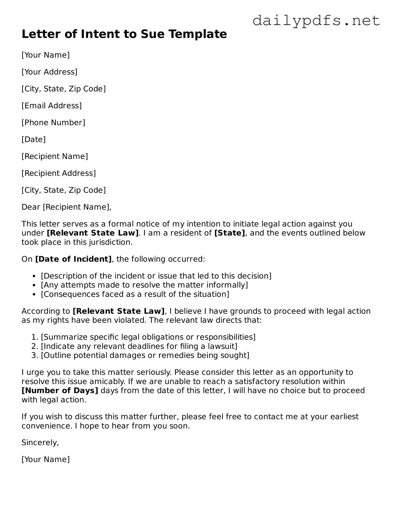 Printable Letter of Intent to Sue Document