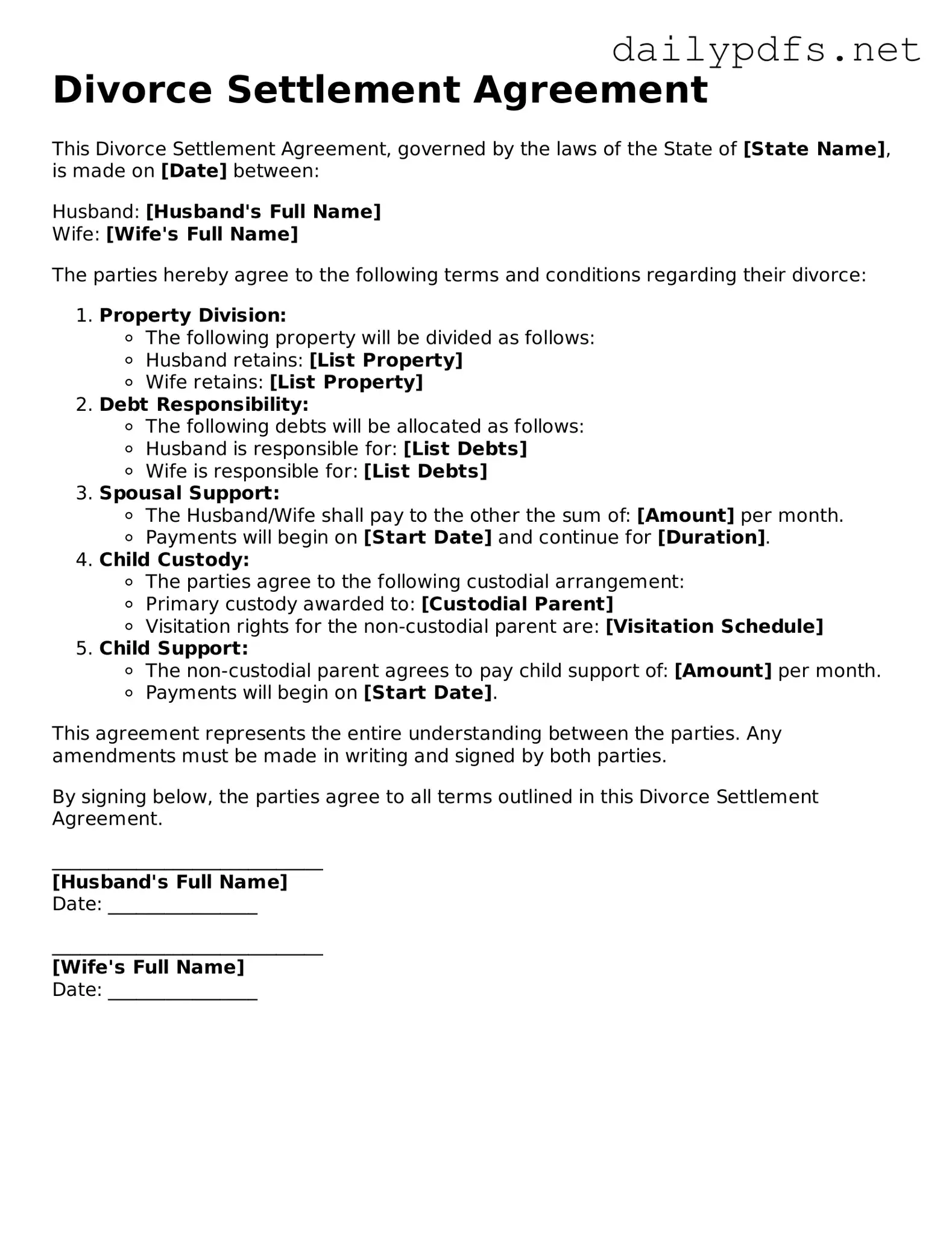 Printable Divorce Settlement Agreement Document