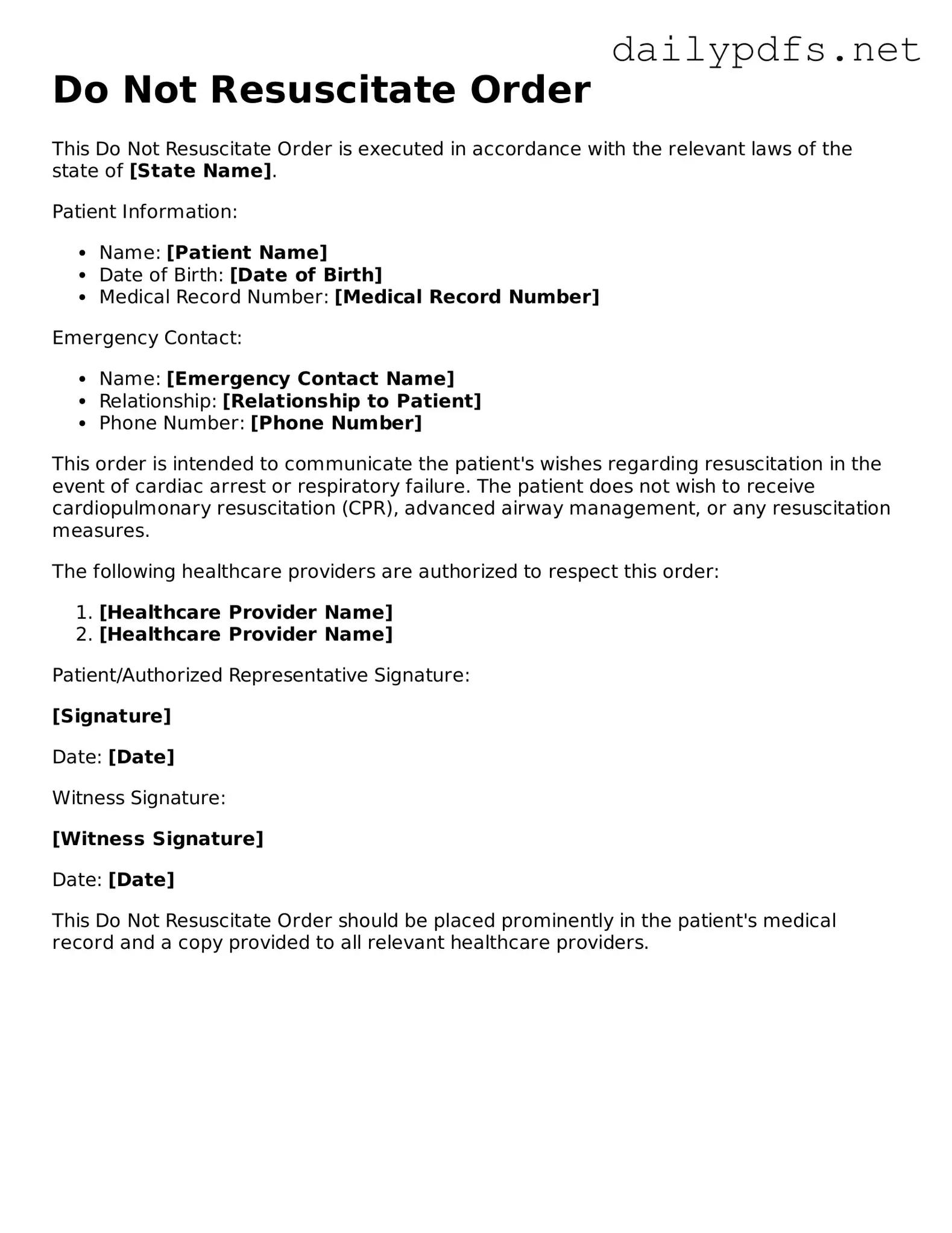 Printable Do Not Resuscitate Order Document