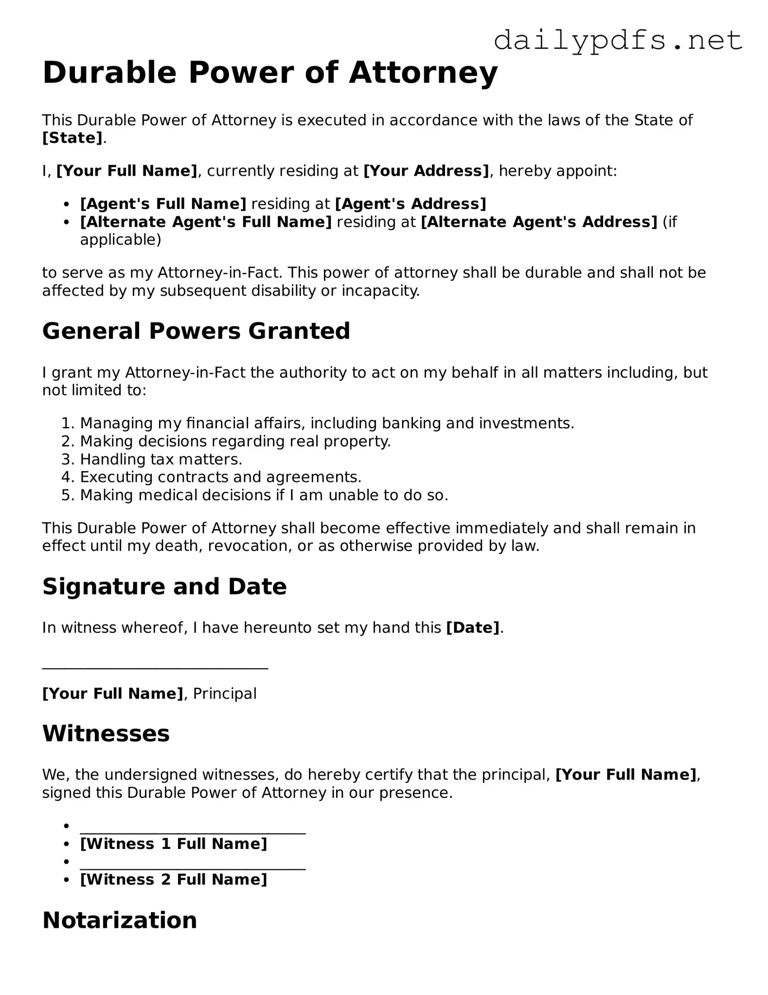 Printable Durable Power of Attorney Document