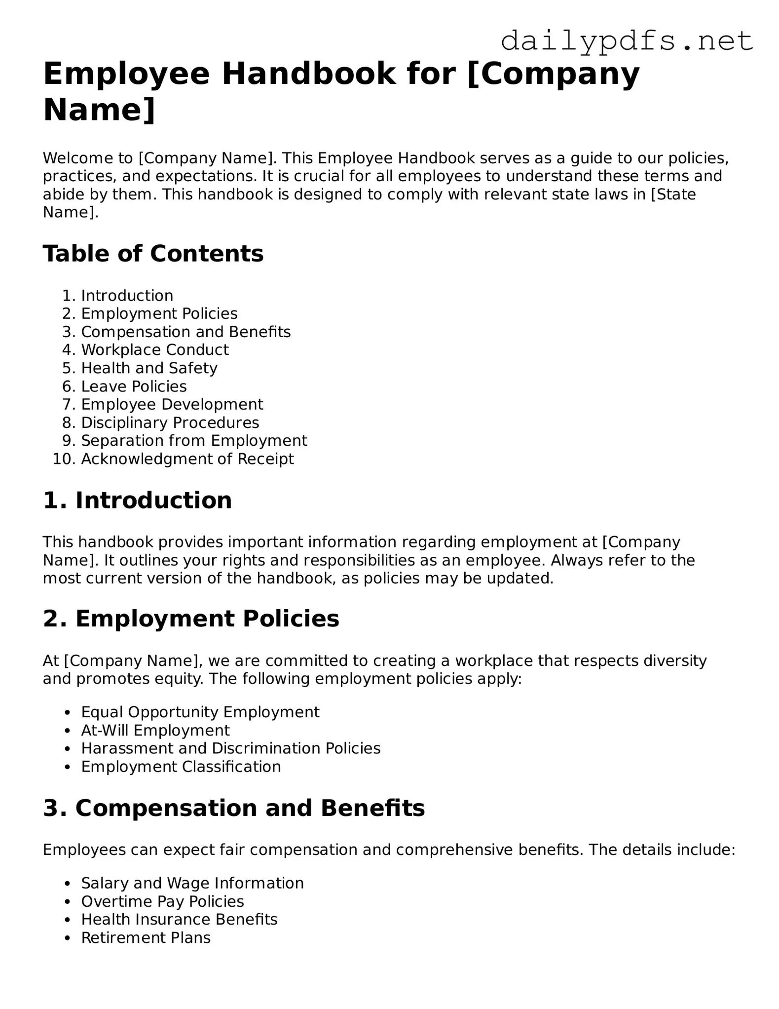 Printable Employee Handbook Document