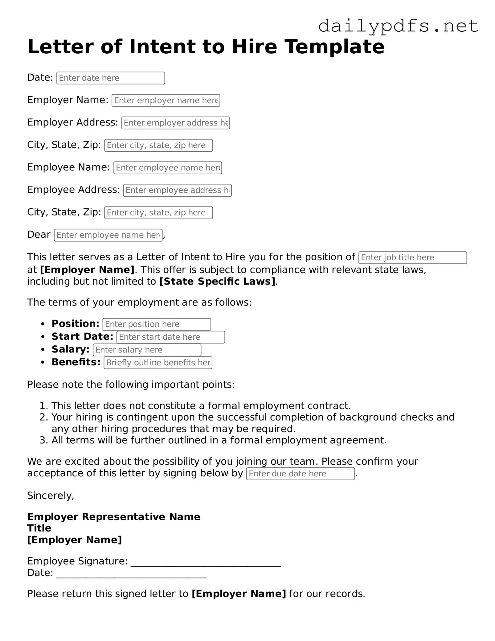 Printable Letter of Intent to Hire Document