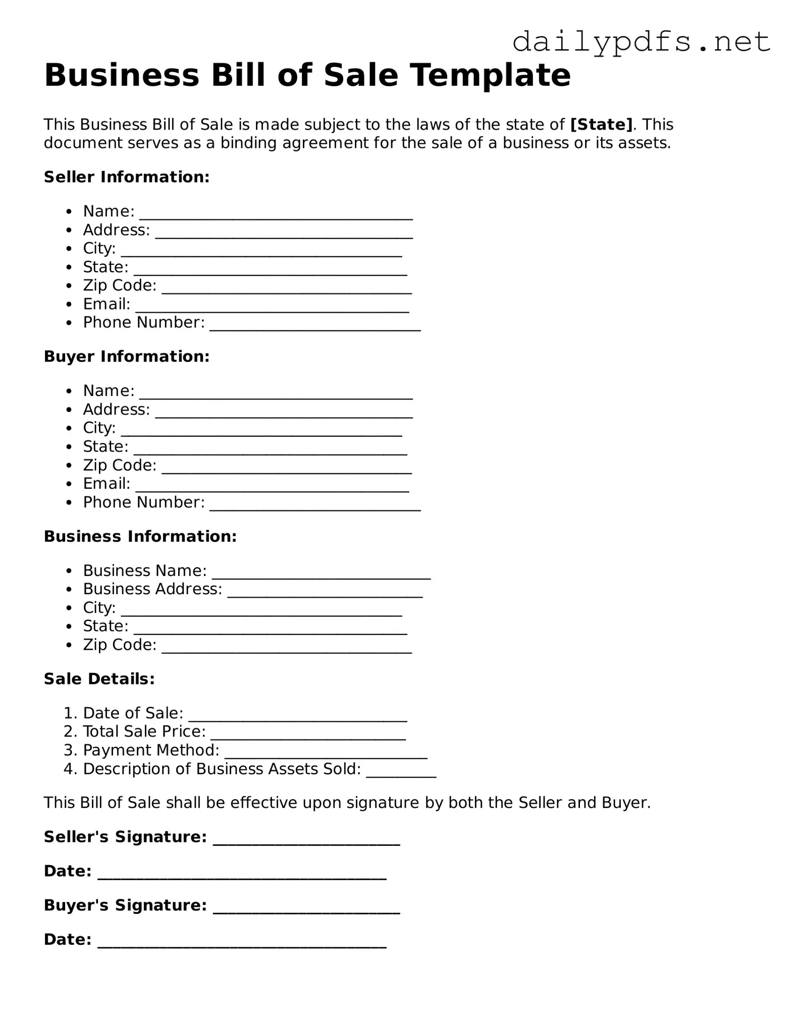 Printable Business Bill of Sale Document