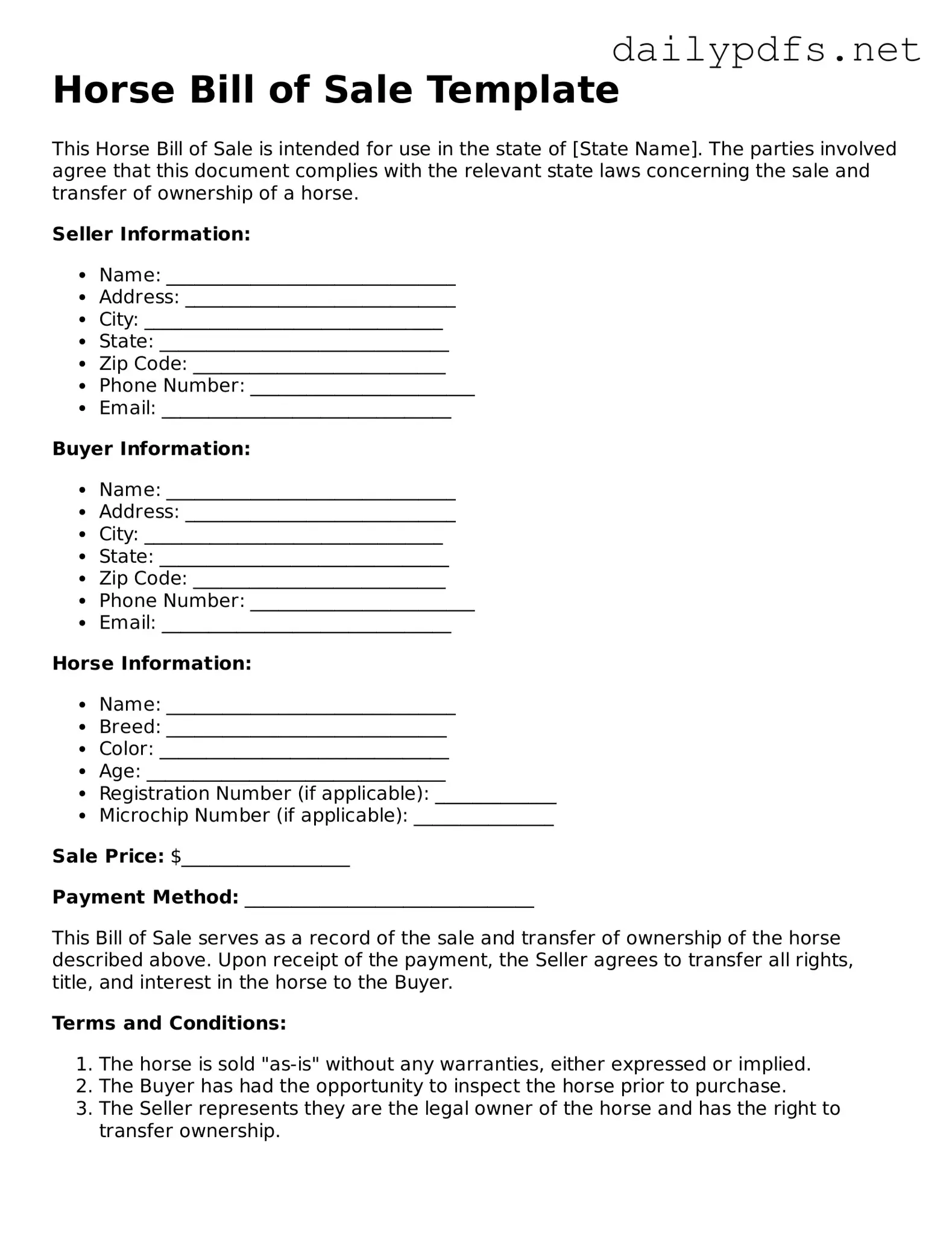 Printable Horse Bill of Sale Document