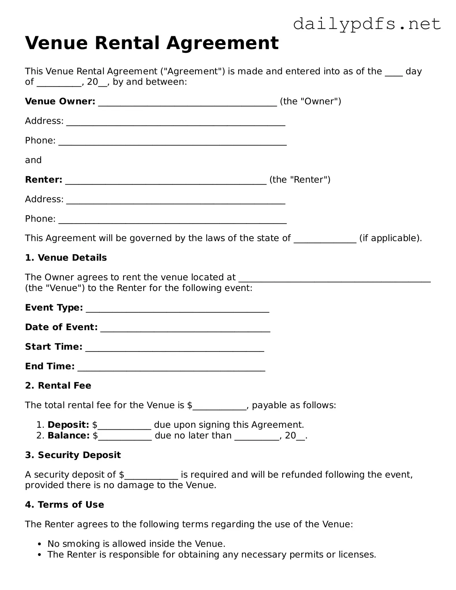 Printable Venue Rental Agreement Document