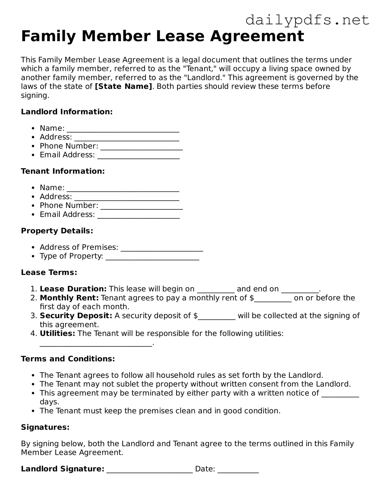Printable Family Member Lease Agreement Document