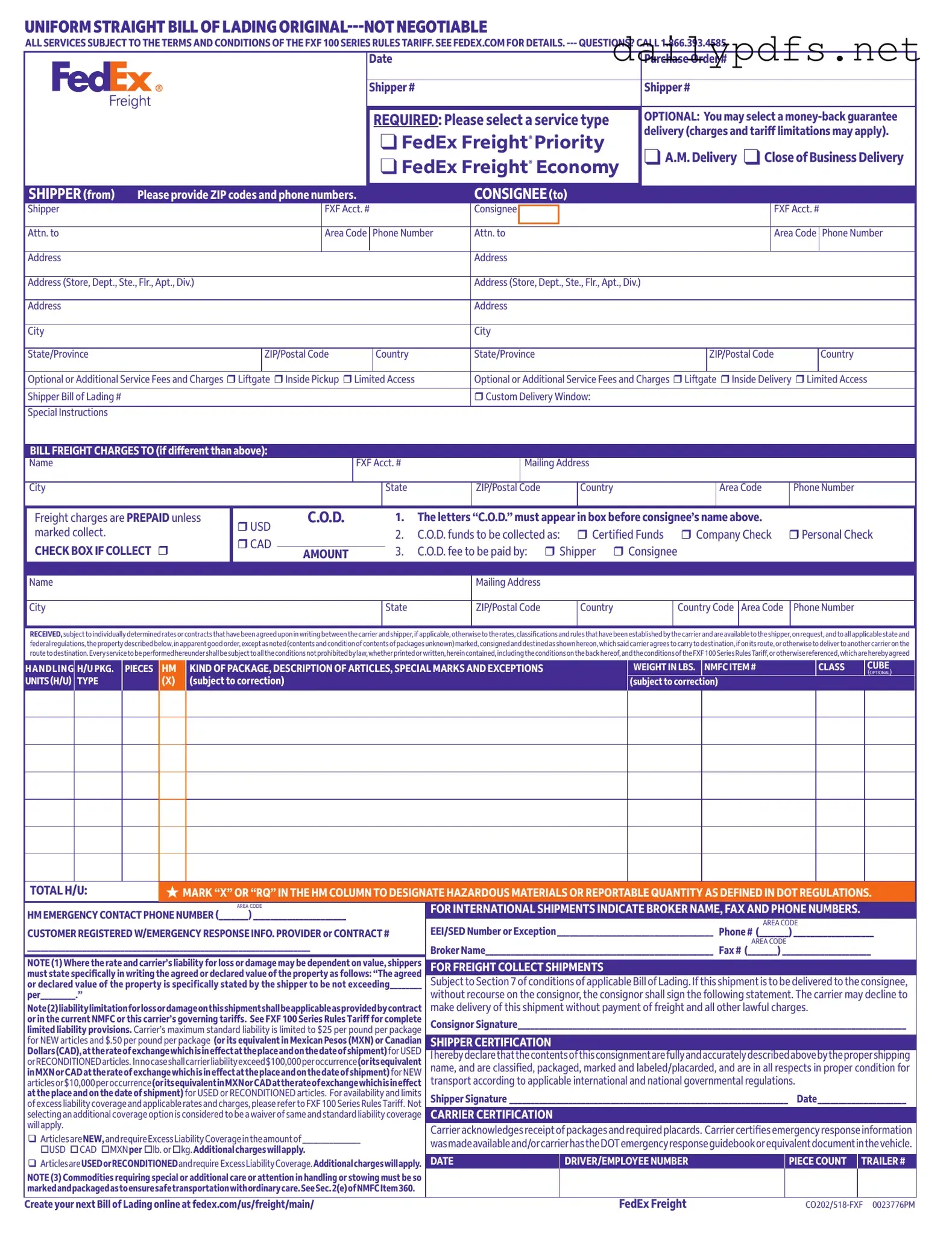 Fill Out Your Fedex Bill Of Lading Form
