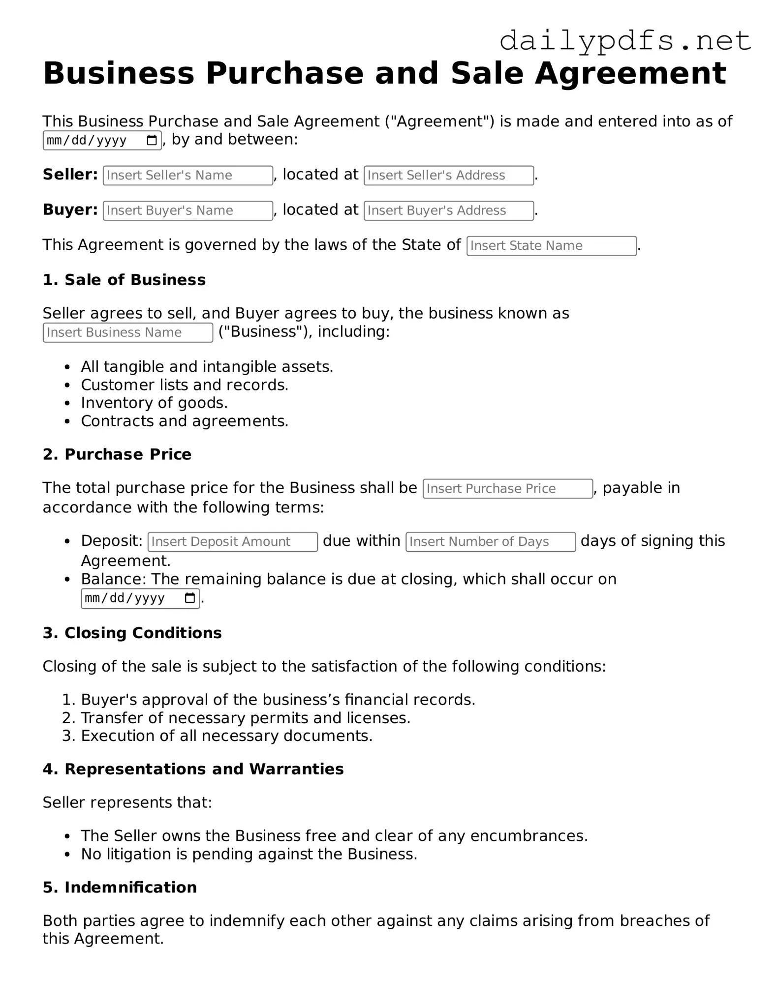 Printable Business Purchase and Sale Agreement Document
