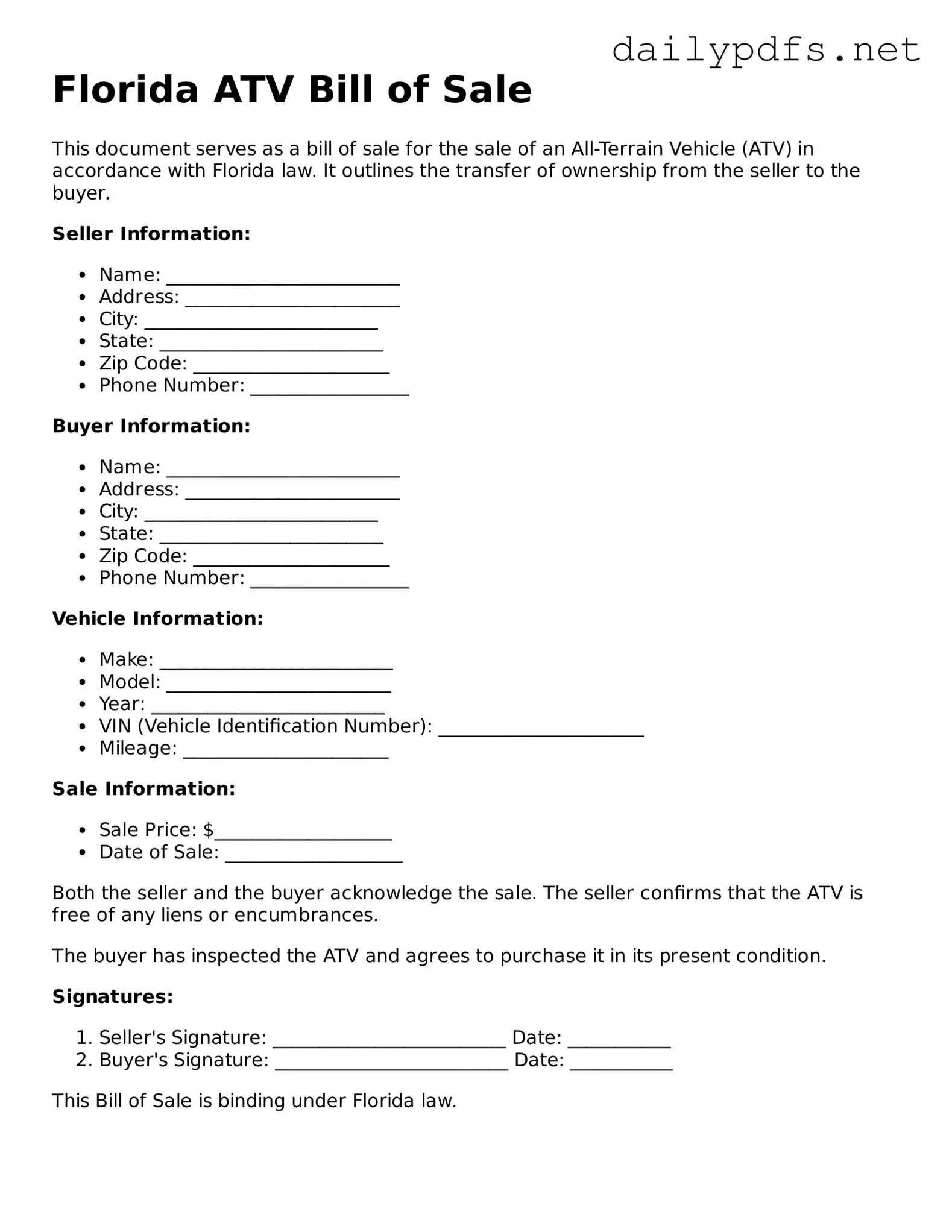 Free  ATV Bill of Sale Template for Florida