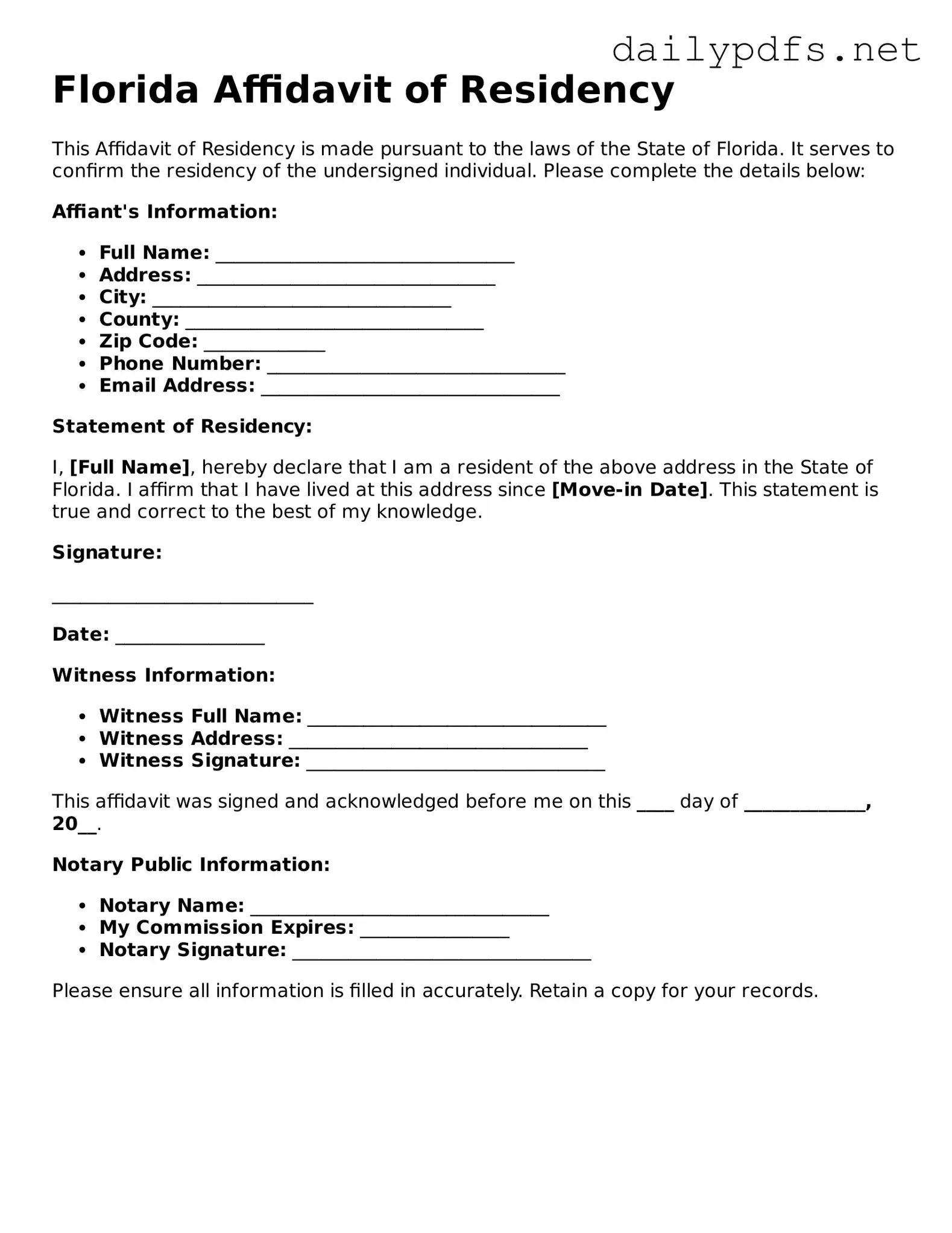 Free  Affidavit of Residency Template for Florida