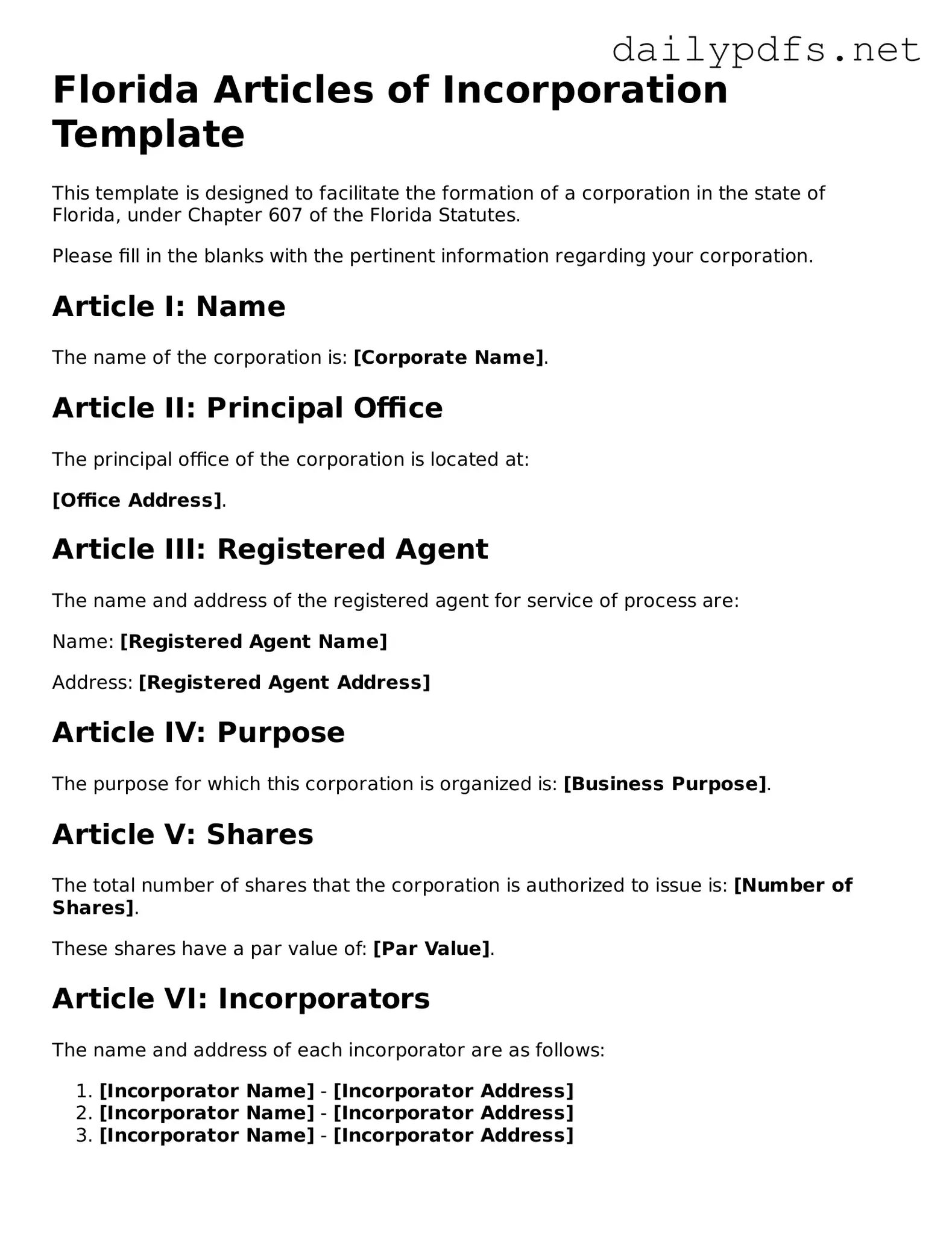 Free  Articles of Incorporation Template for Florida