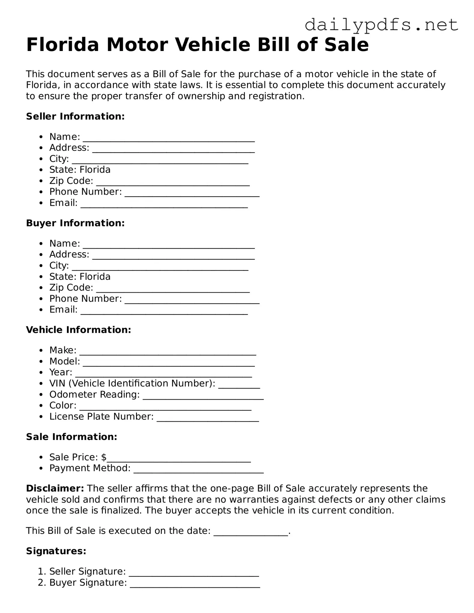 Free  Motor Vehicle Bill of Sale Template for Florida