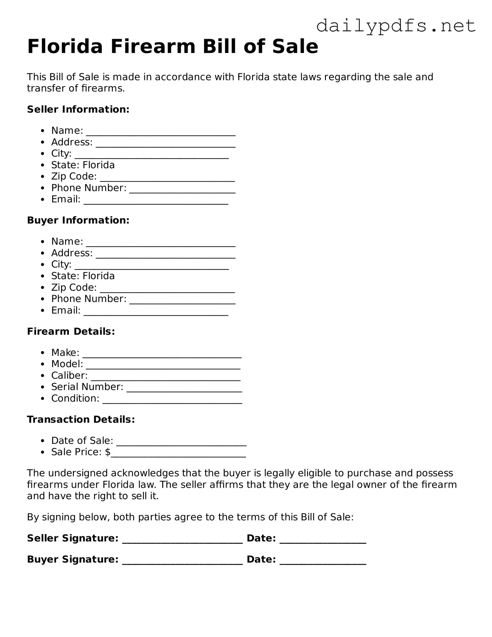 Free  Firearm Bill of Sale Template for Florida