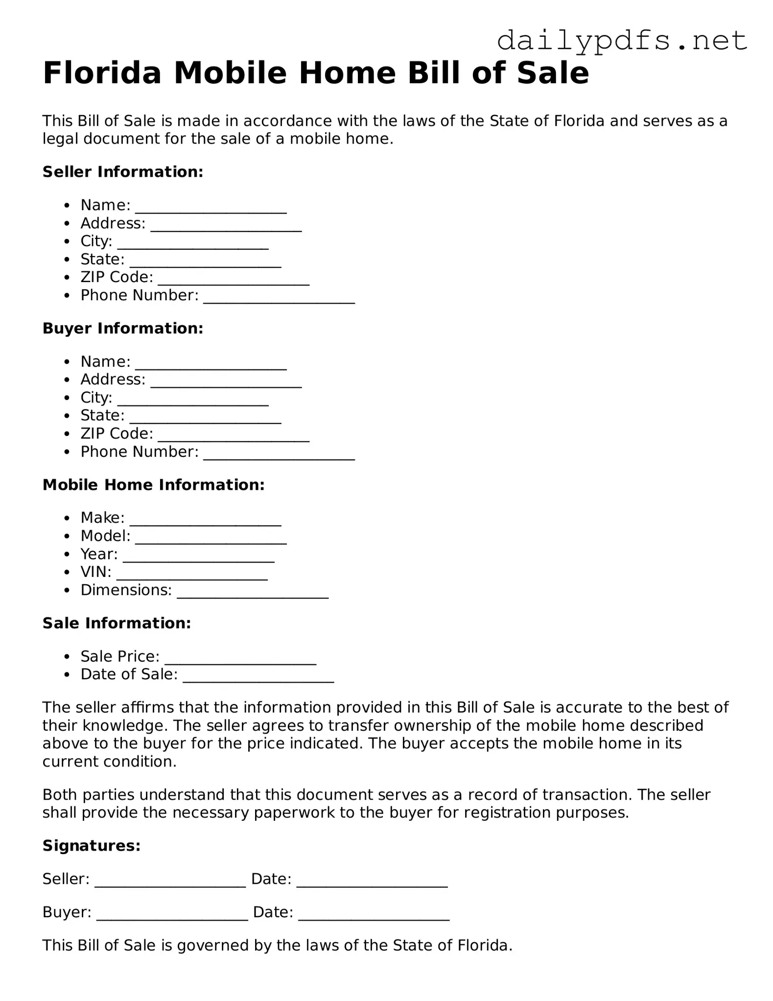 Free  Mobile Home Bill of Sale Template for Florida
