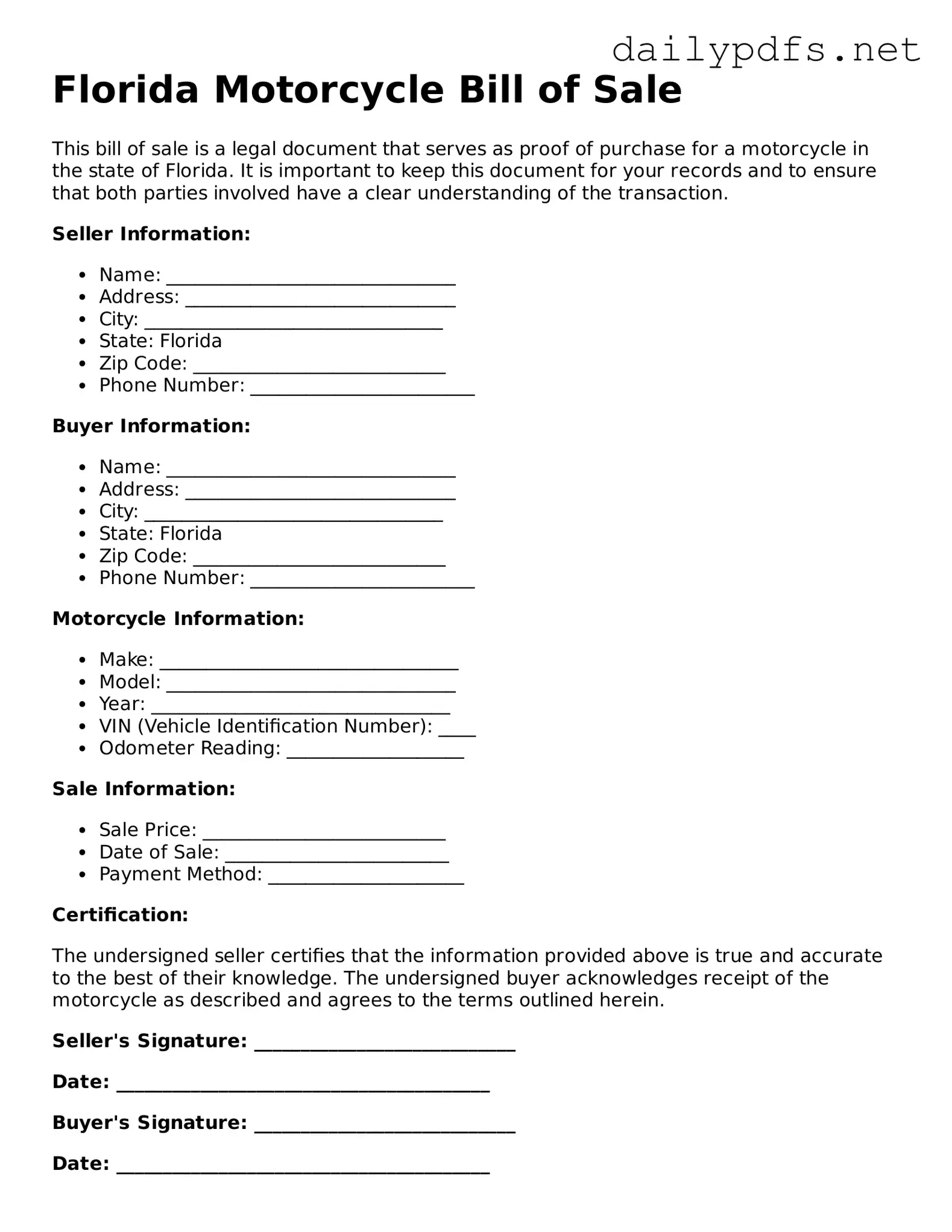 Free  Motorcycle Bill of Sale Template for Florida