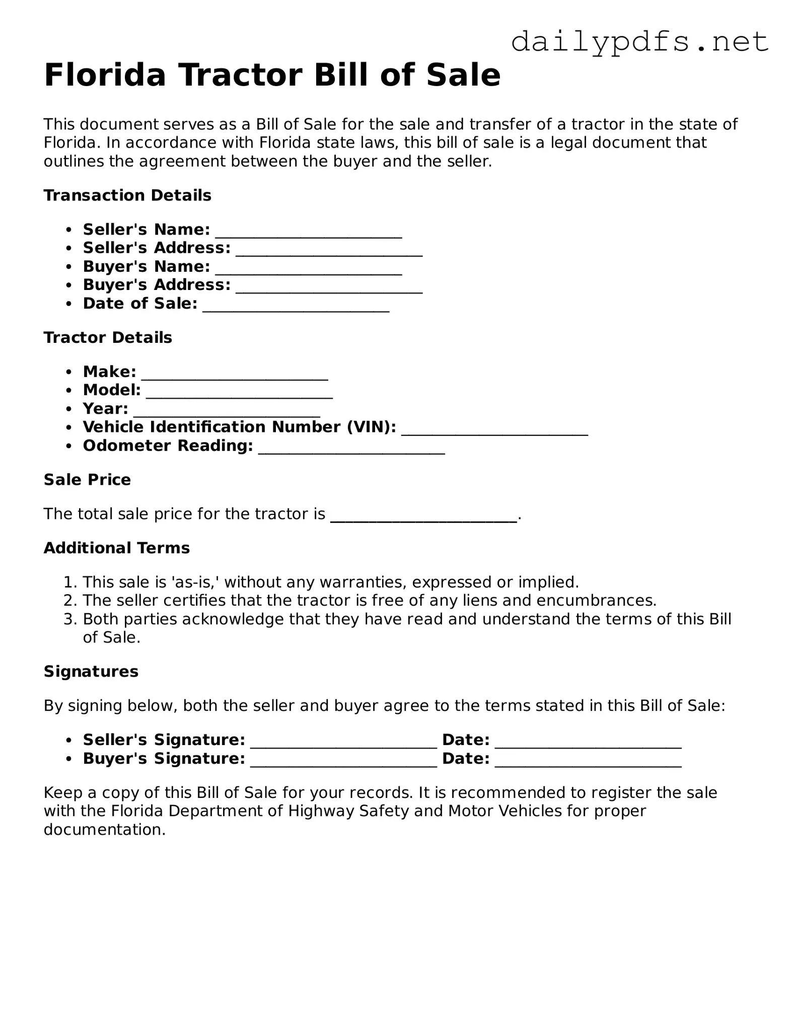 Free  Tractor Bill of Sale Template for Florida