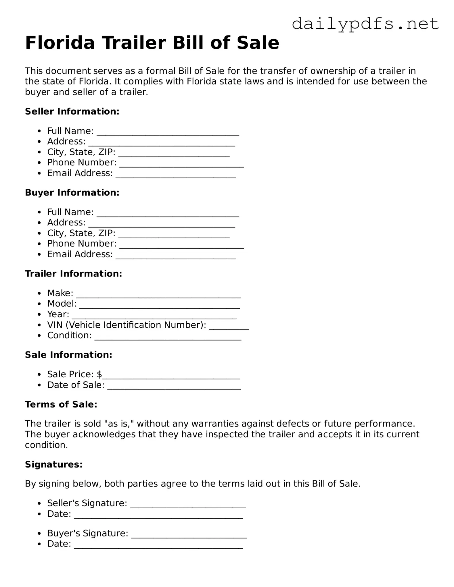 Free  Trailer Bill of Sale Template for Florida