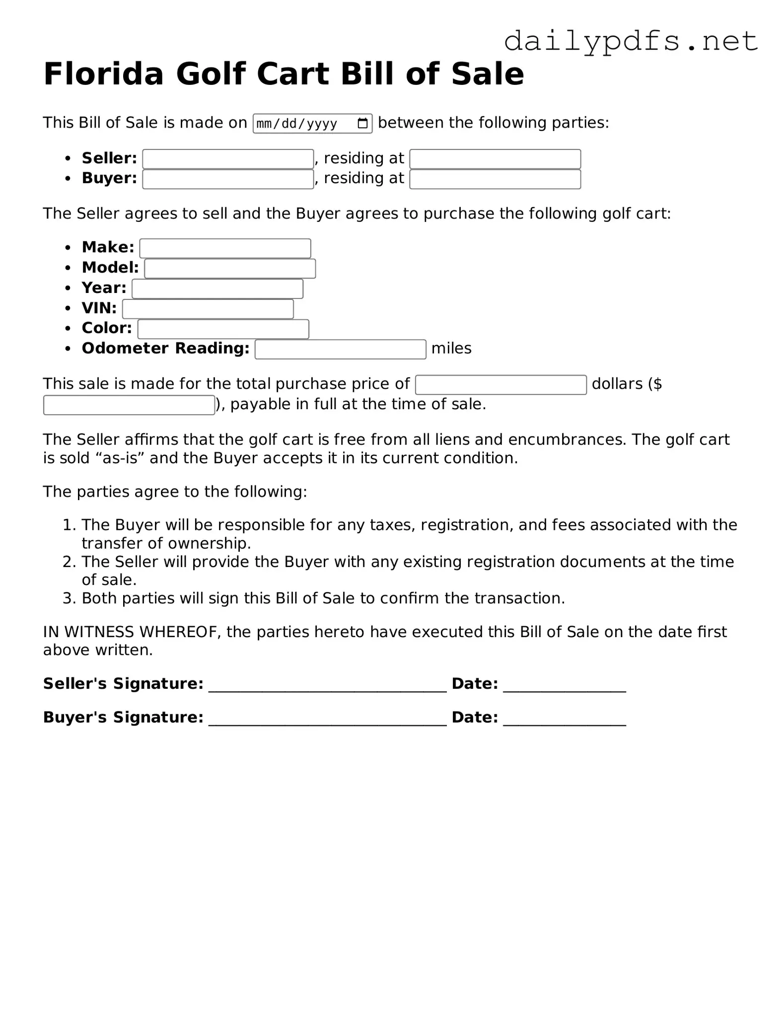 Free  Golf Cart Bill of Sale Template for Florida