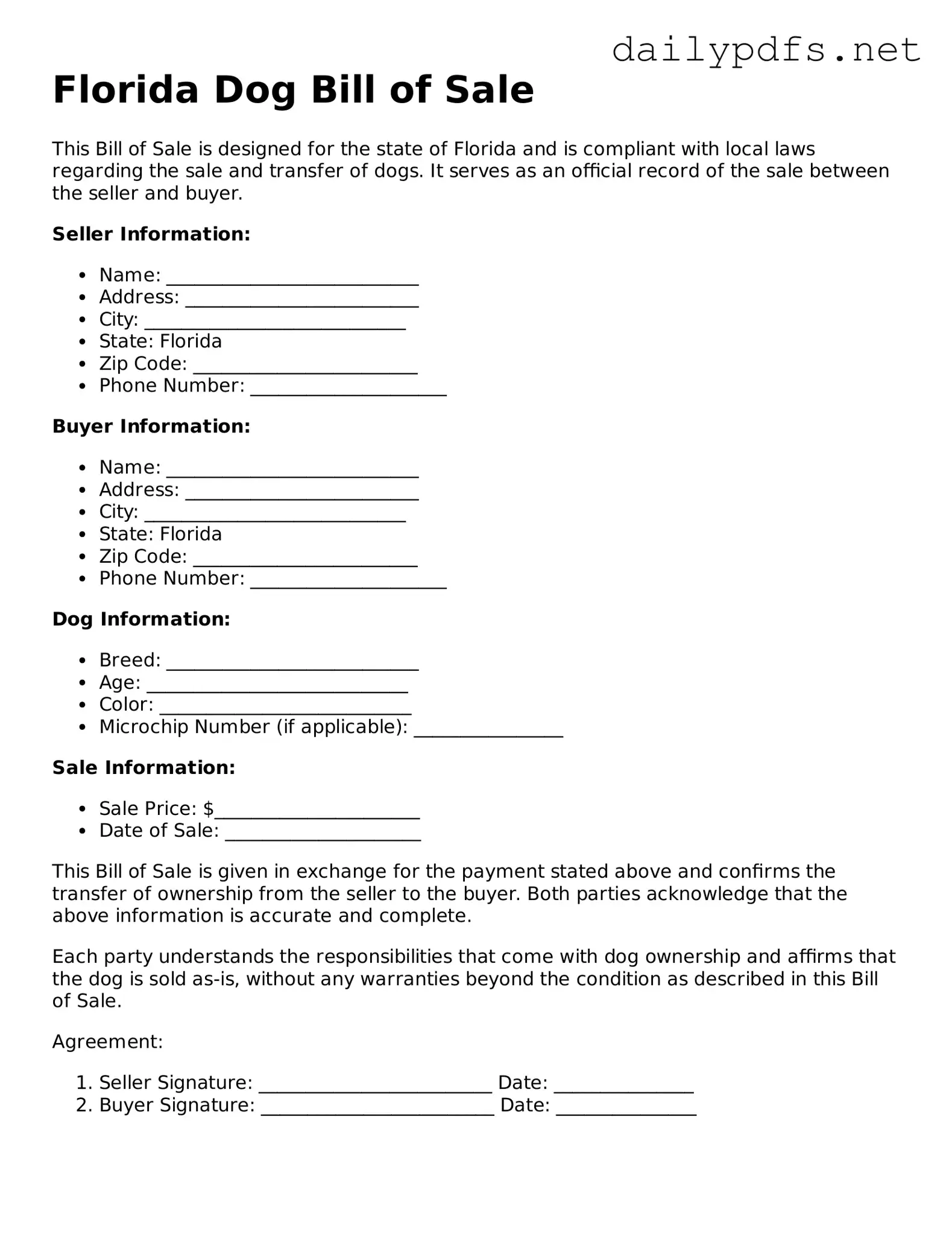 Free  Dog Bill of Sale Template for Florida