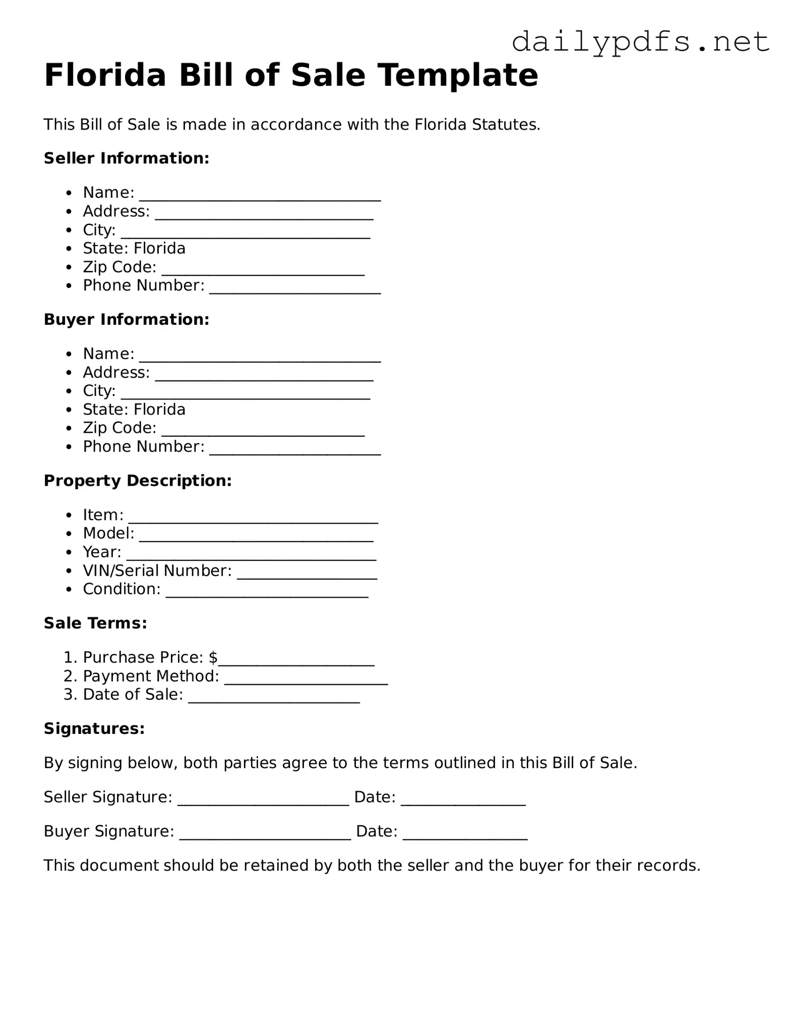Free  Bill of Sale Template for Florida
