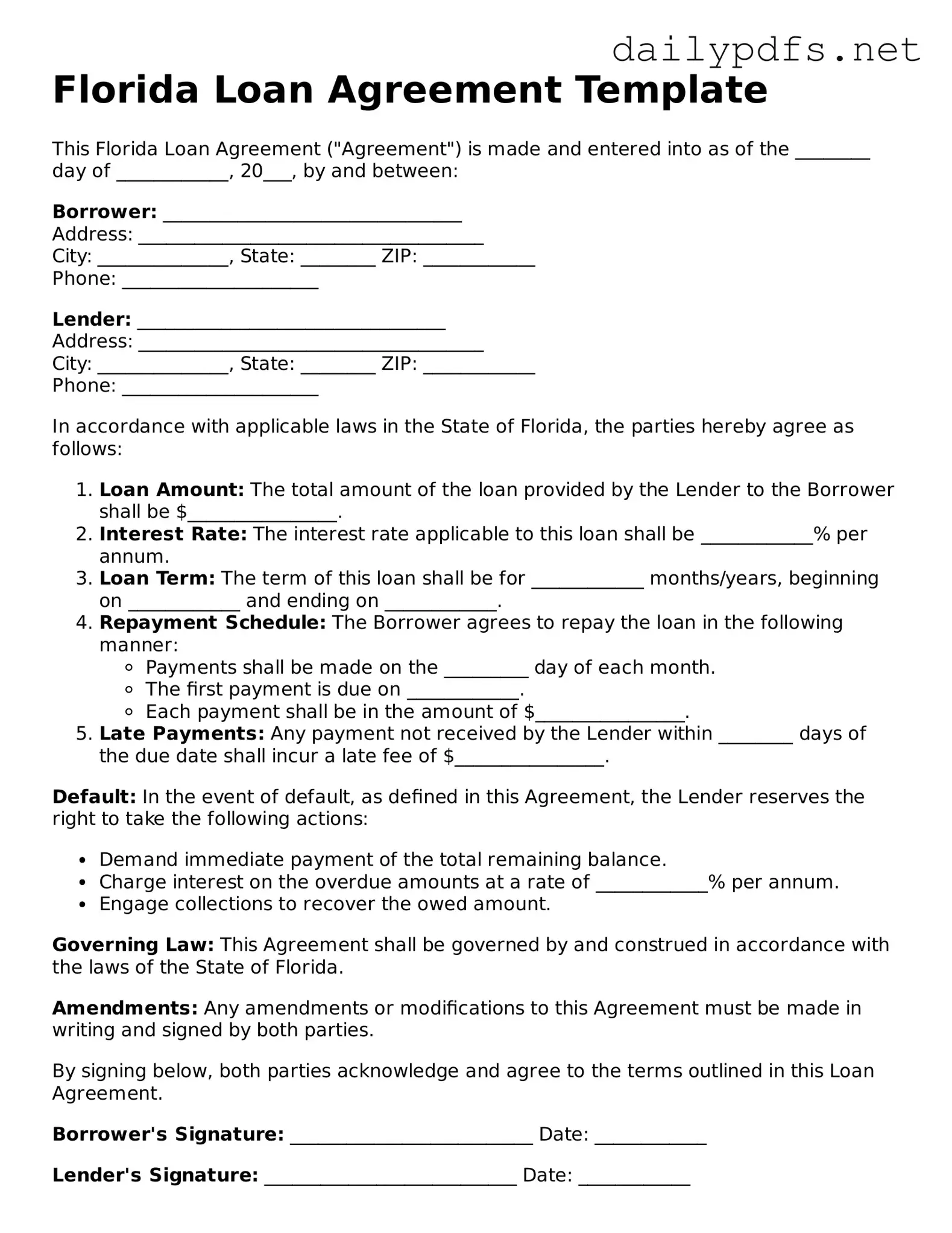Free  Loan Agreement Template for Florida